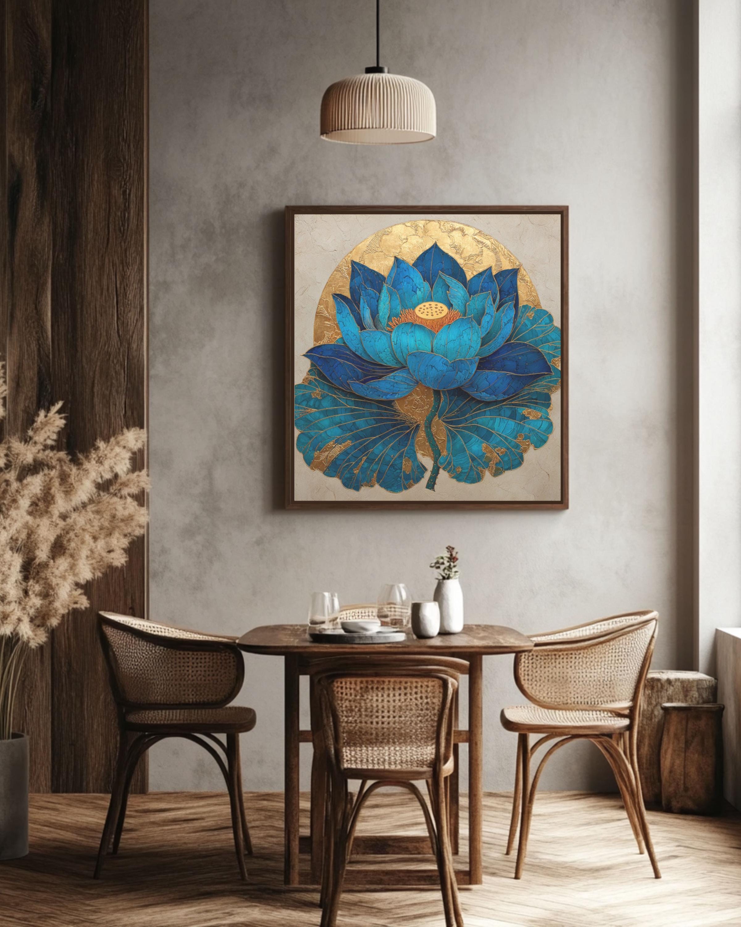 Blue Lotus Flower Art â€“ Gold Leaf Sunlit Oil Painting, Beige Background Canvas Wall Art Print – Premium Home Decor