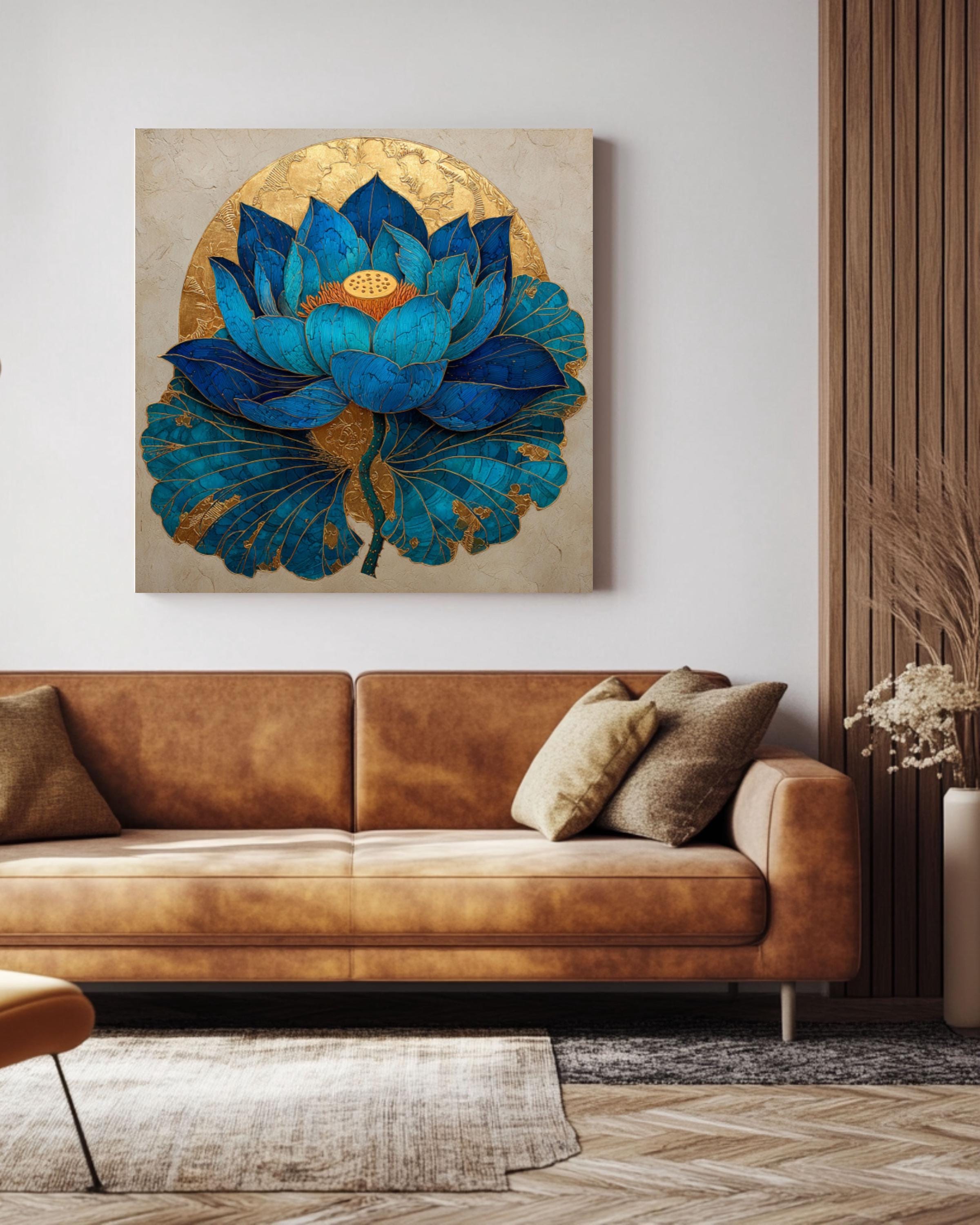 Blue Lotus Flower Art â€“ Gold Leaf Sunlit Oil Painting, Beige Background Canvas Wall Art Print – Premium Home Decor