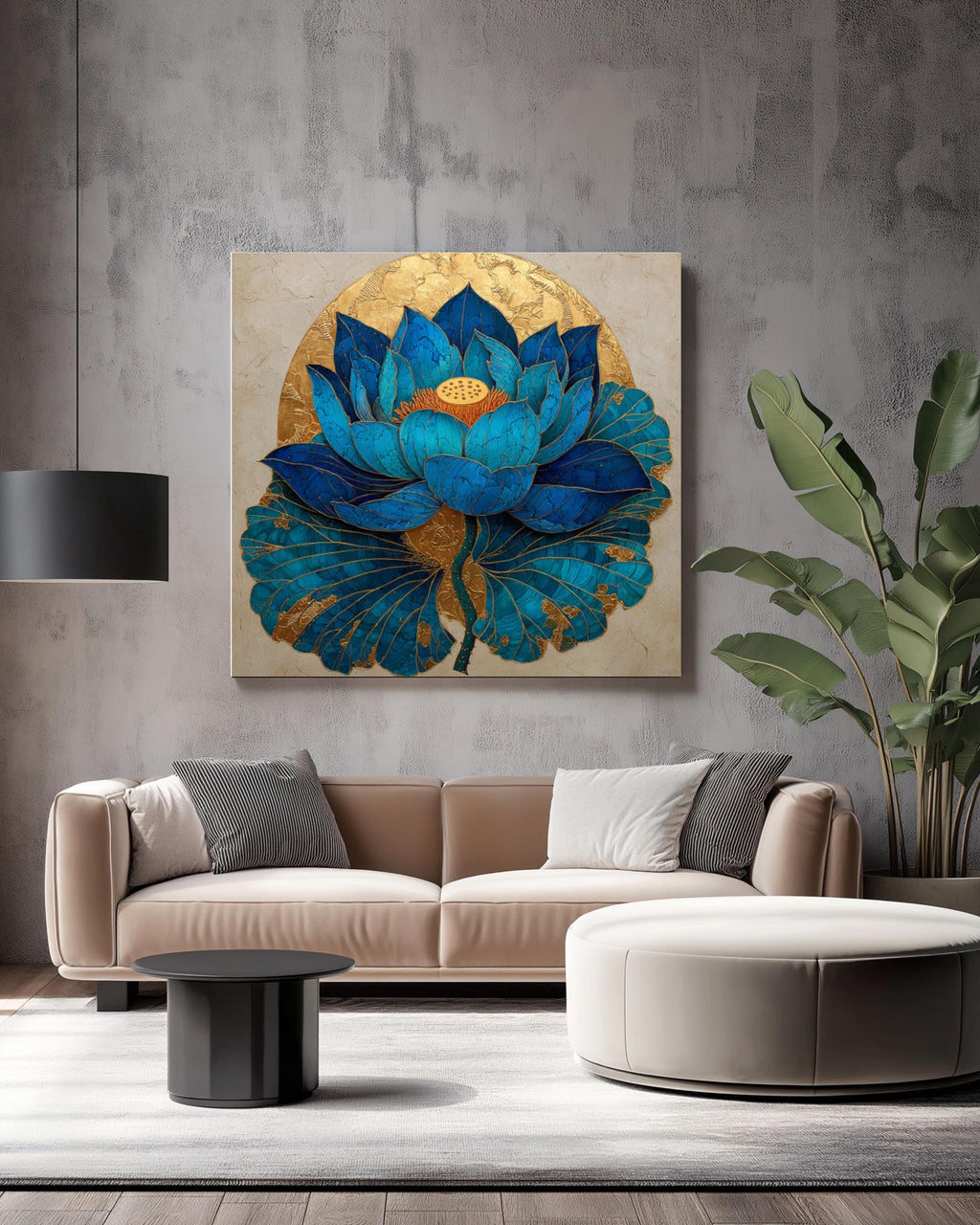Blue Lotus Flower Art â€“ Gold Leaf Sunlit Oil Painting, Beige Background Canvas Wall Art Print – Premium Home Decor