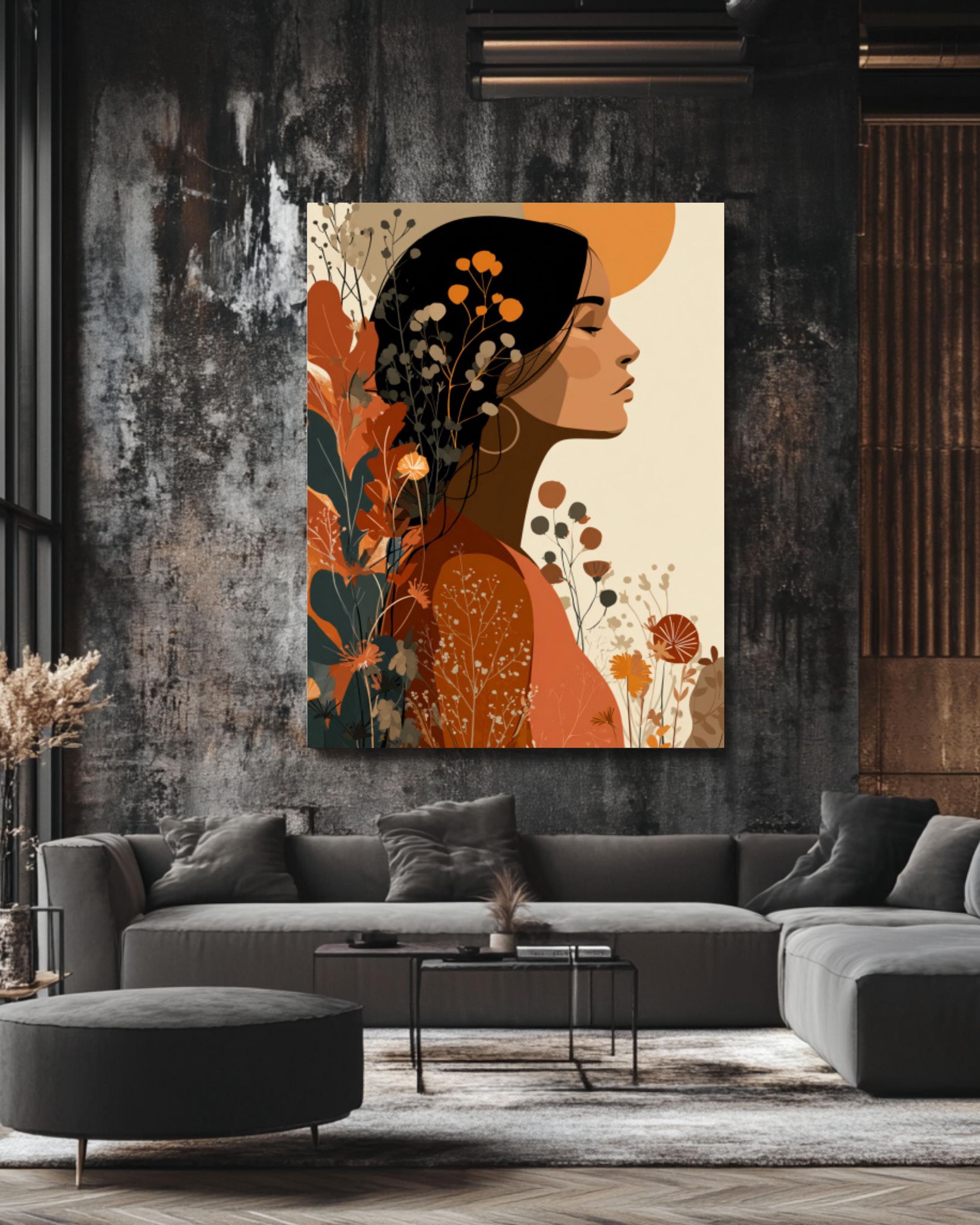 Retro Boho Woman Wall Art Print | 70s Flower Power Earthy Tones