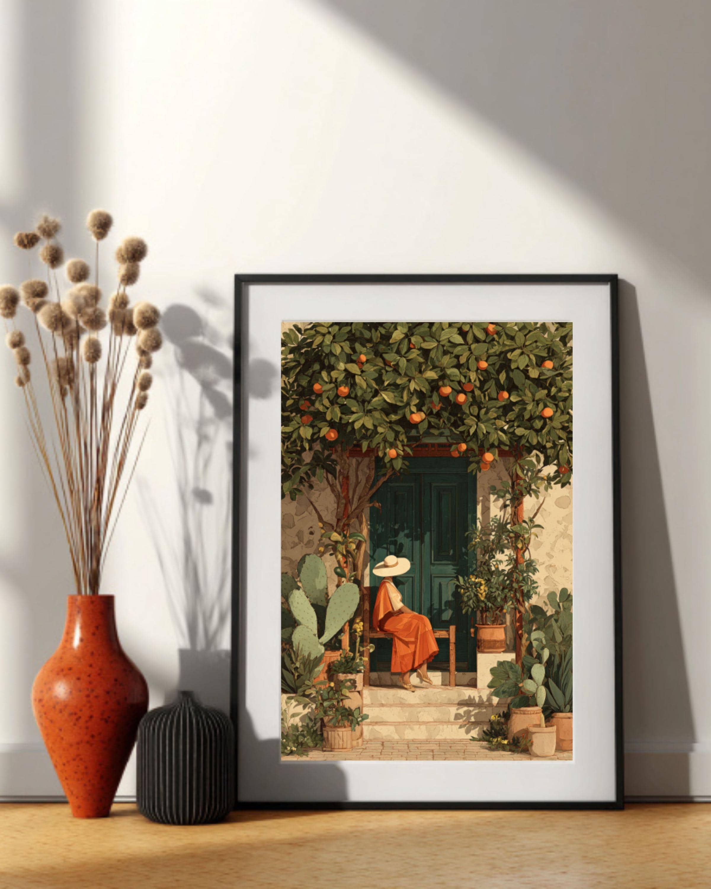 Mexican Woman Garden Art Print â€“ Boho Folk Style, Cactus & Fruit Trees Canvas Wall Art Print – Premium Home Decor
