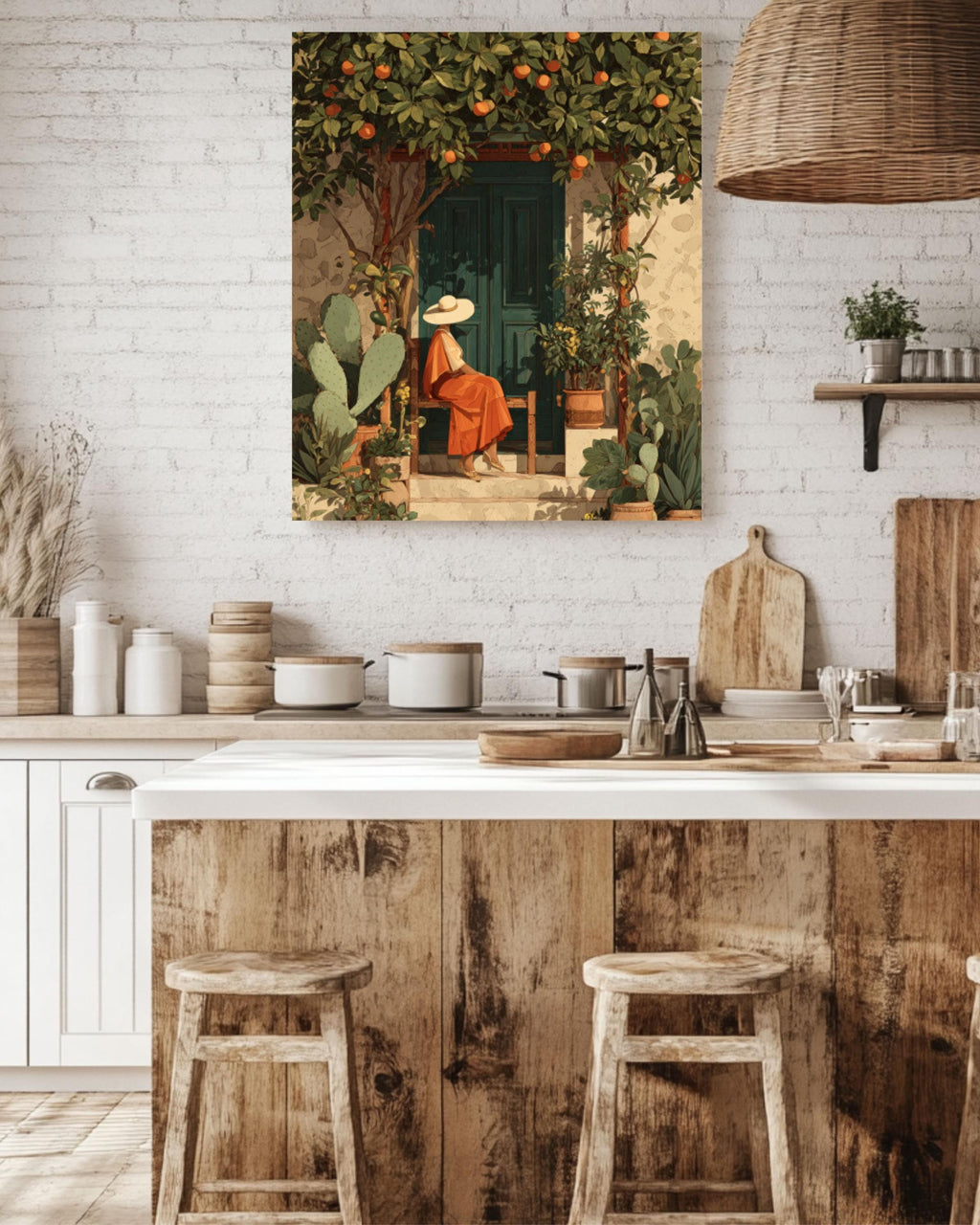 Mexican Woman Garden Art Print â€“ Boho Folk Style, Cactus & Fruit Trees Canvas Wall Art Print – Premium Home Decor