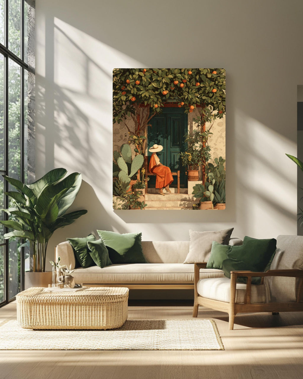Mexican Woman Garden Art Print â€“ Boho Folk Style, Cactus & Fruit Trees Canvas Wall Art Print – Premium Home Decor