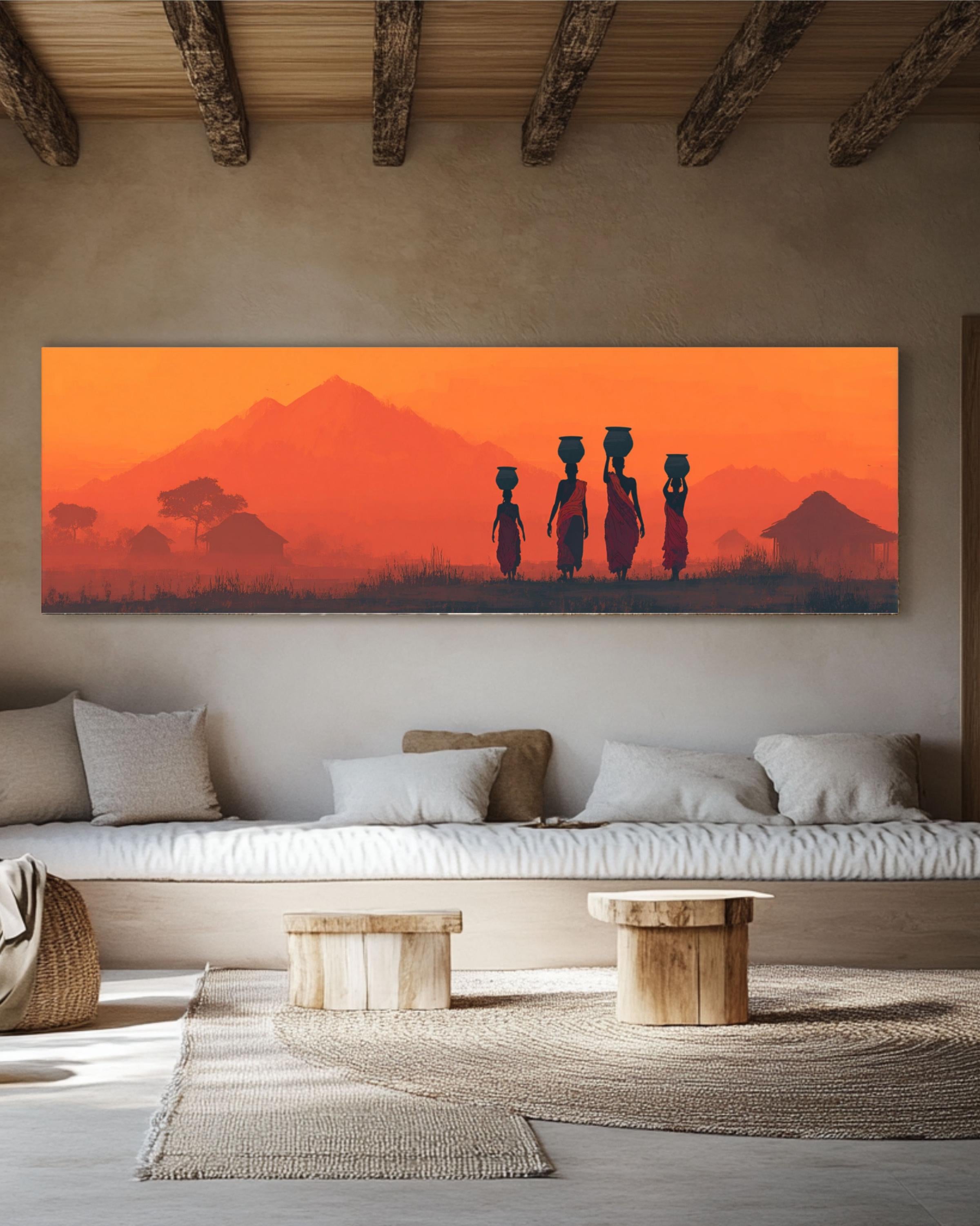 African Sunset Tribal Women Canvas Art – Silhouette Landscape Print