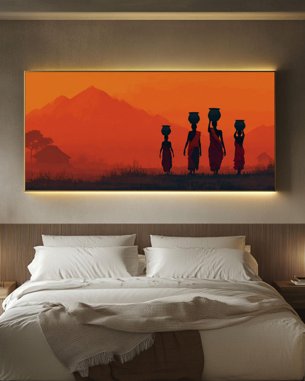 African Sunset Tribal Women Canvas Art – Silhouette Landscape Print