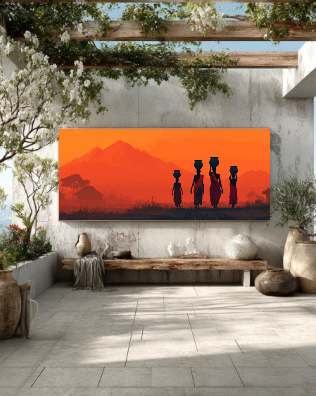 African Sunset Tribal Women Canvas Art – Silhouette Landscape Print