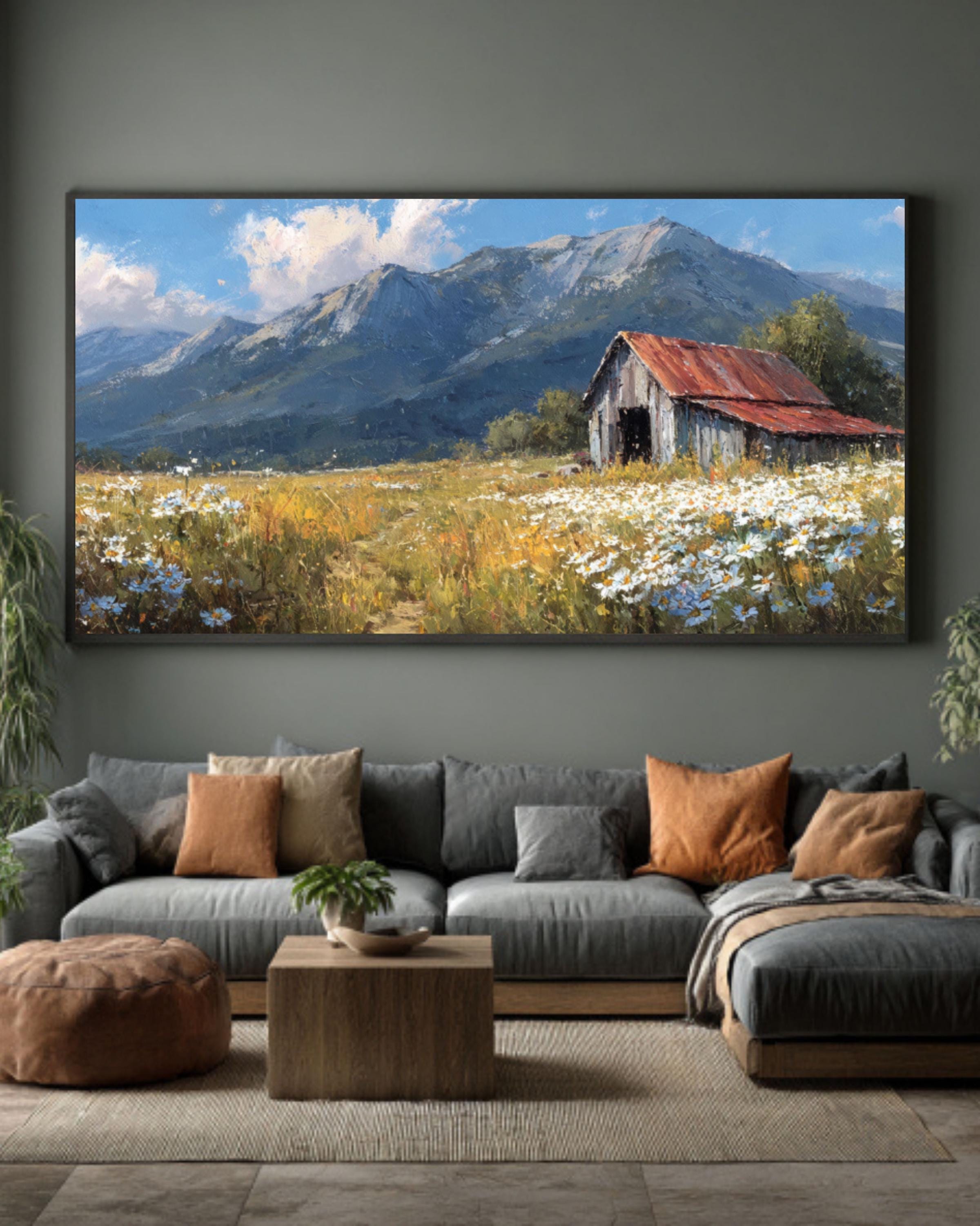 Vintage Barn Meadow Canvas Art – Rustic Country Landscape Painting