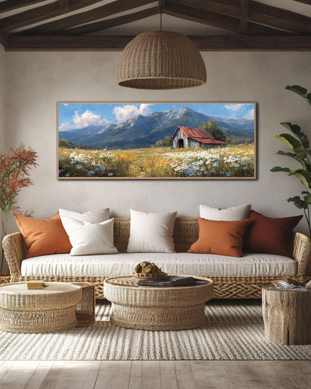Vintage Barn Meadow Canvas Art – Rustic Country Landscape Painting