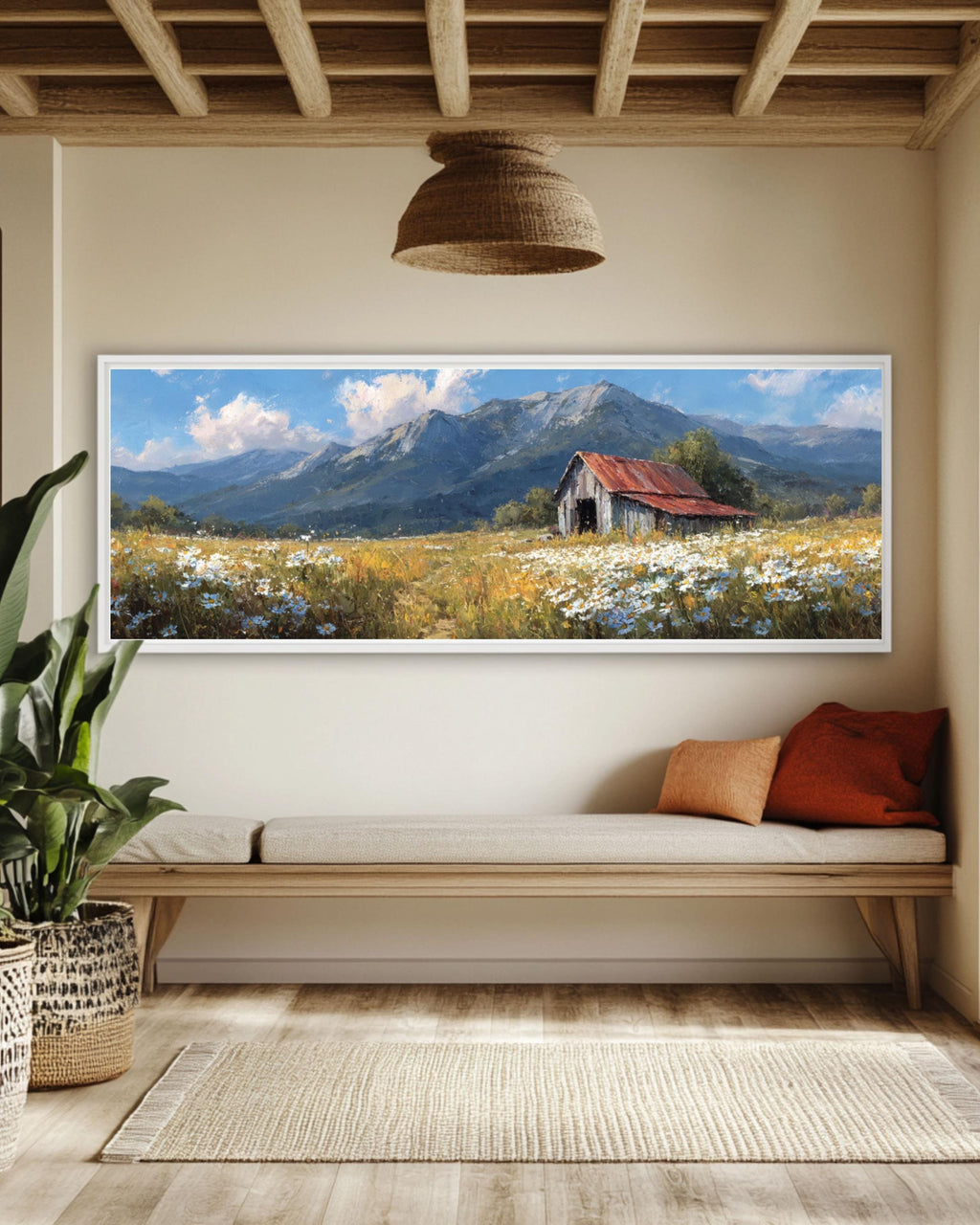 Vintage Barn Meadow Canvas Art – Rustic Country Landscape Painting