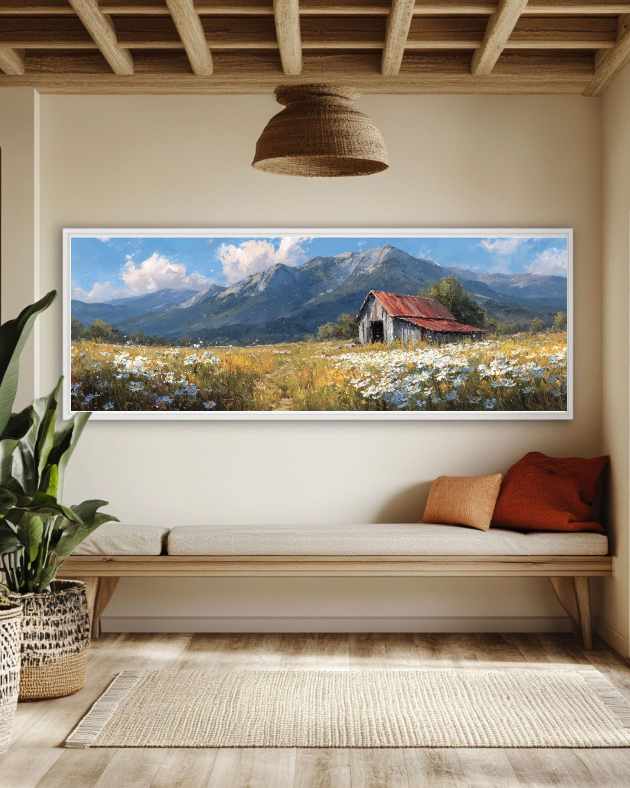 Vintage Barn Meadow Canvas Art – Rustic Country Landscape Painting