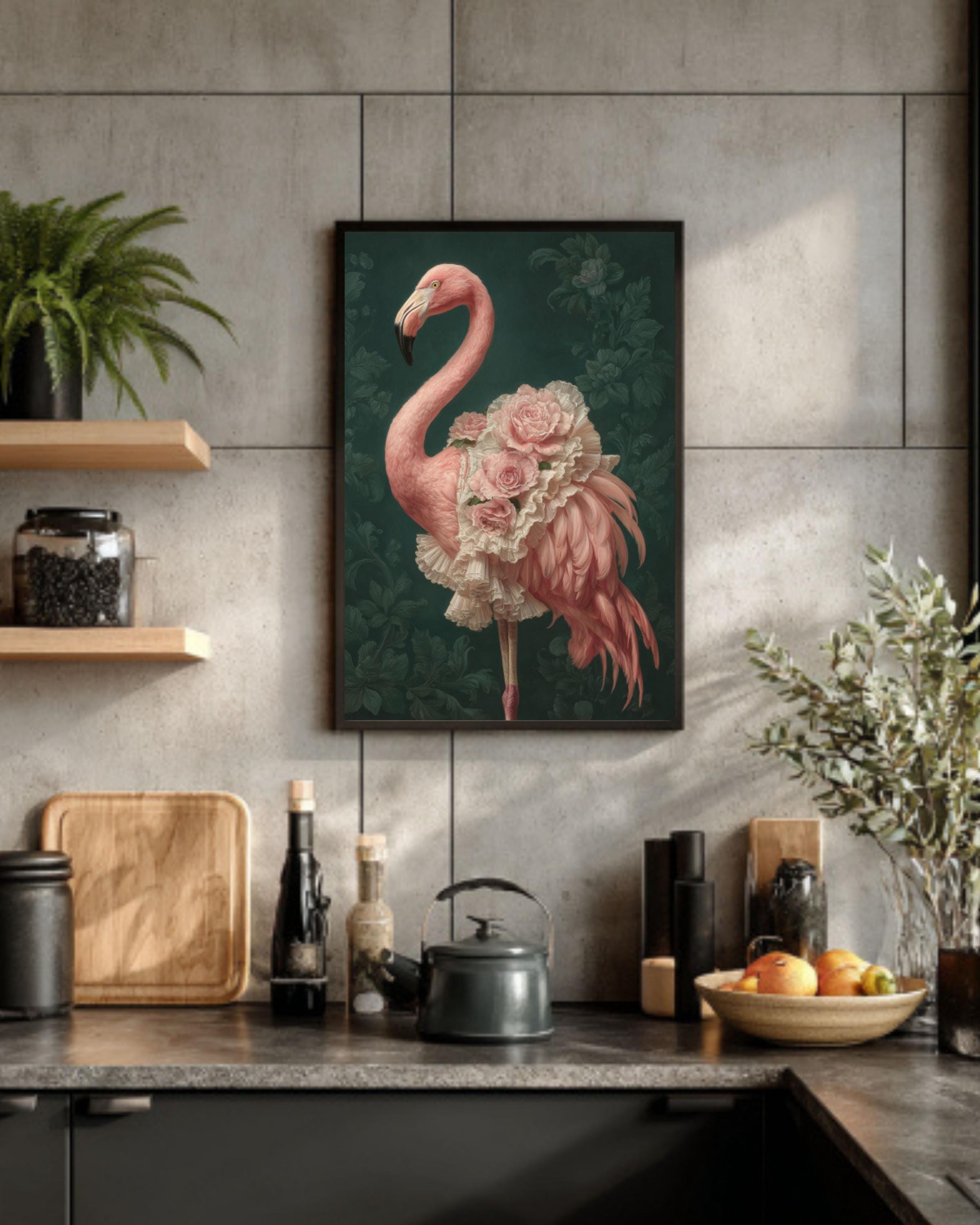 Baroque Flamingo Canvas Art – Elegant Tropical Bird Painting