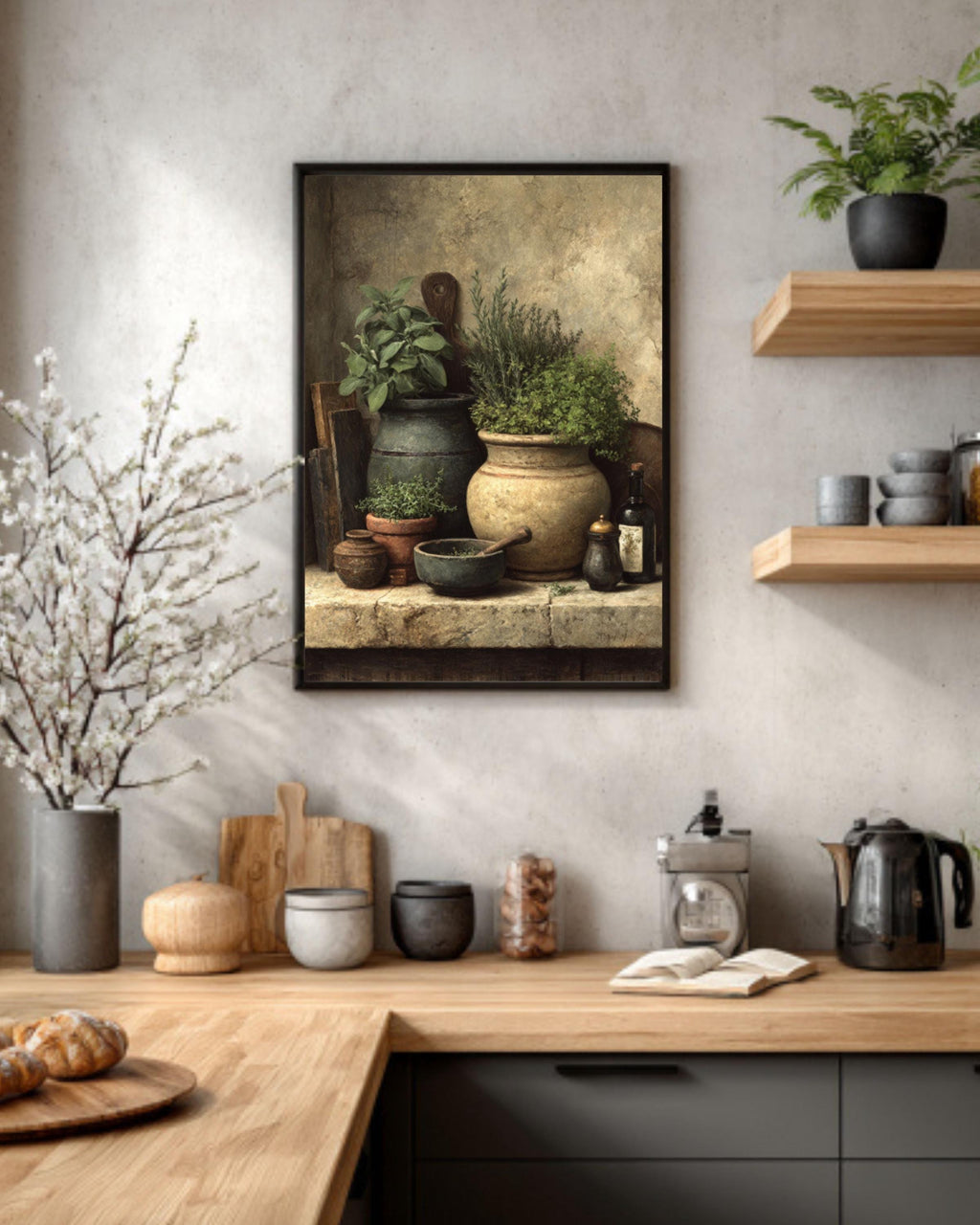 Rustic Kitchen Herb Still Life Canvas Art – Sage & Thyme