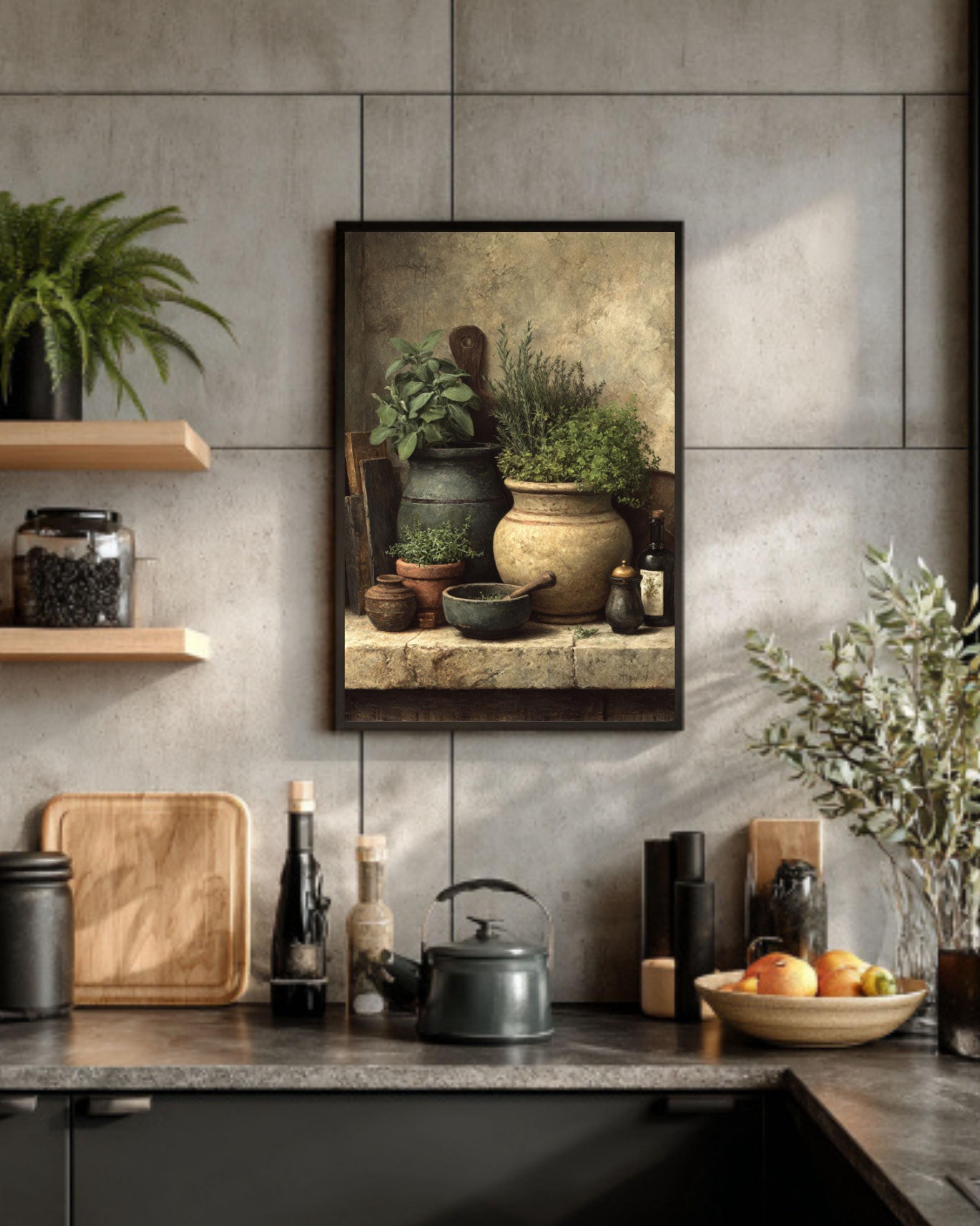 Rustic Kitchen Herb Still Life Canvas Art – Sage & Thyme