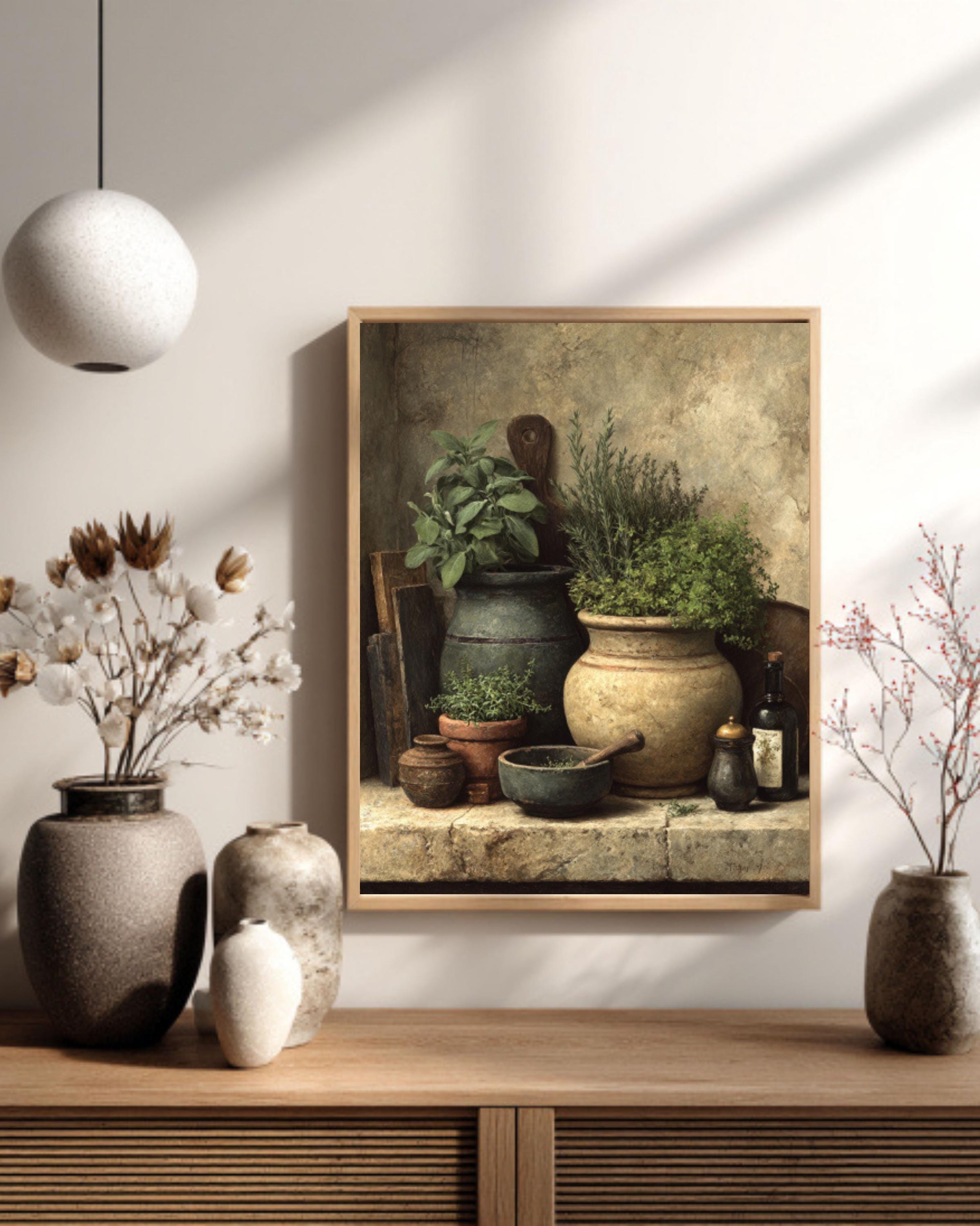 Rustic Kitchen Herb Still Life Canvas Art – Sage & Thyme