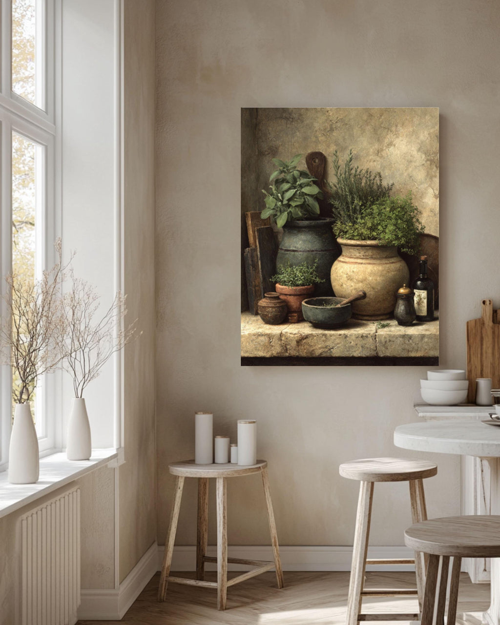 Rustic Kitchen Herb Still Life Canvas Art – Sage & Thyme