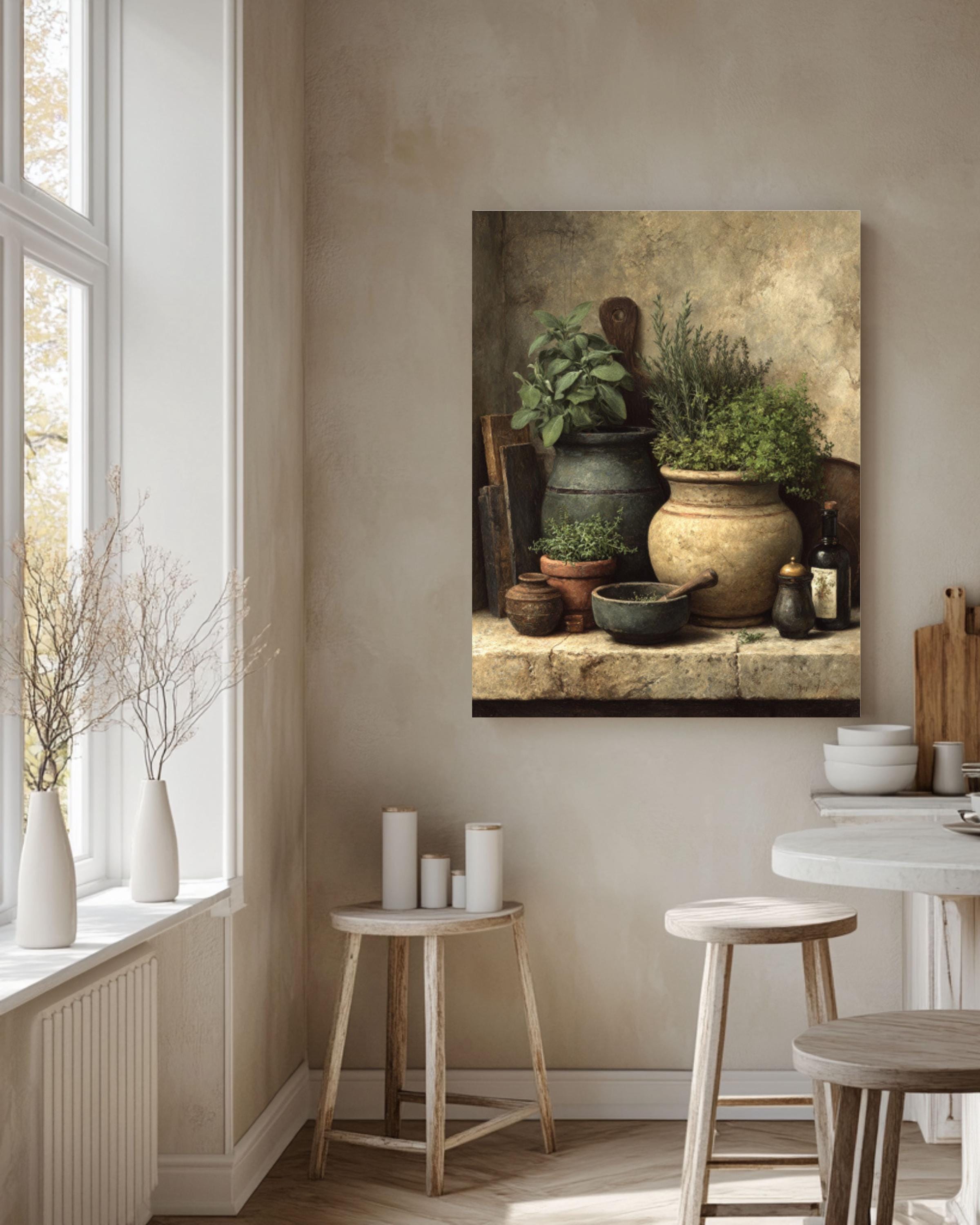 Rustic Kitchen Herb Still Life Canvas Art – Sage & Thyme