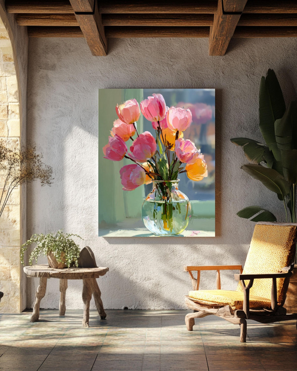 Pink Tulips Still Life Canvas Art – Impressionist Floral