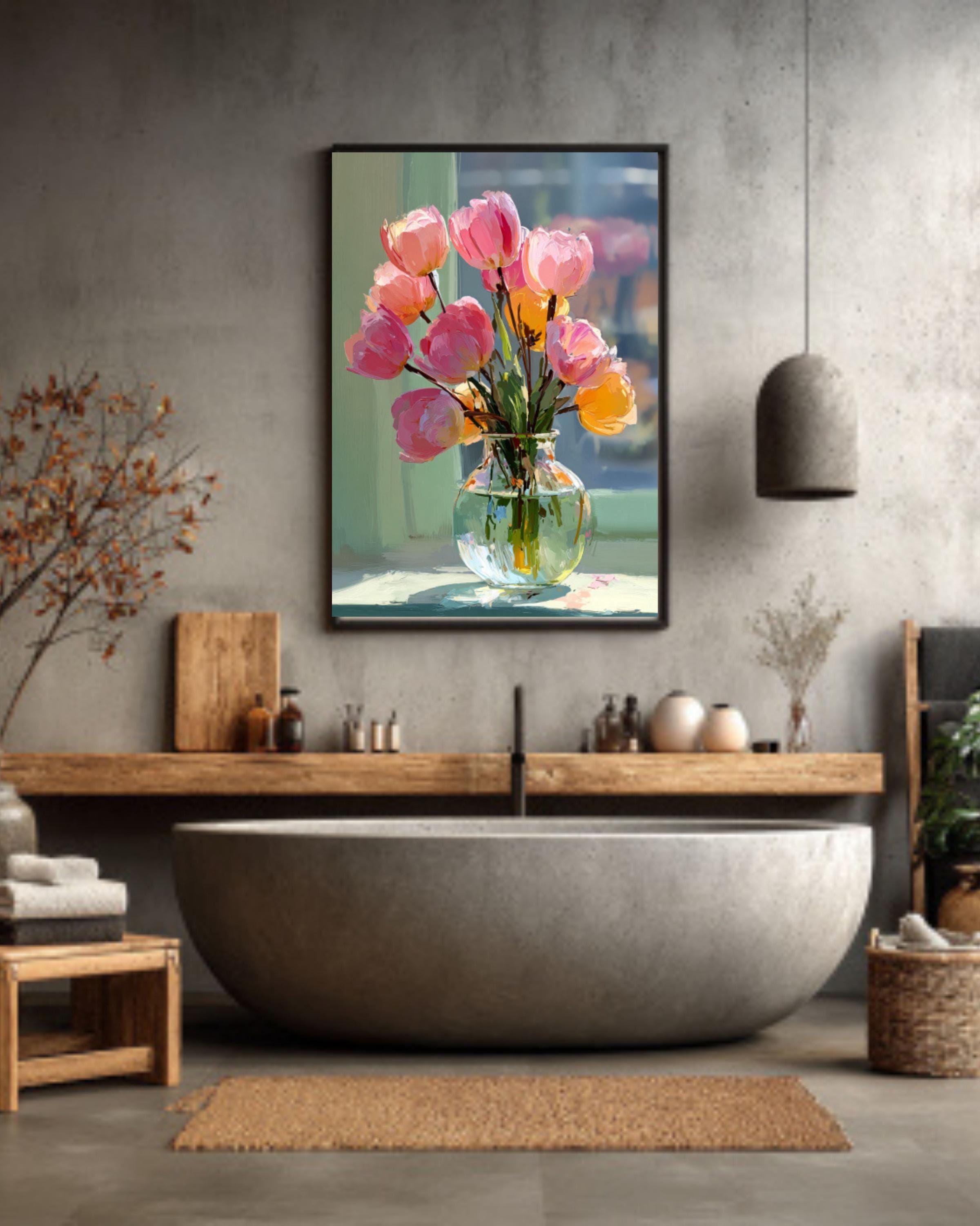 Pink Tulips Still Life Canvas Art – Impressionist Floral