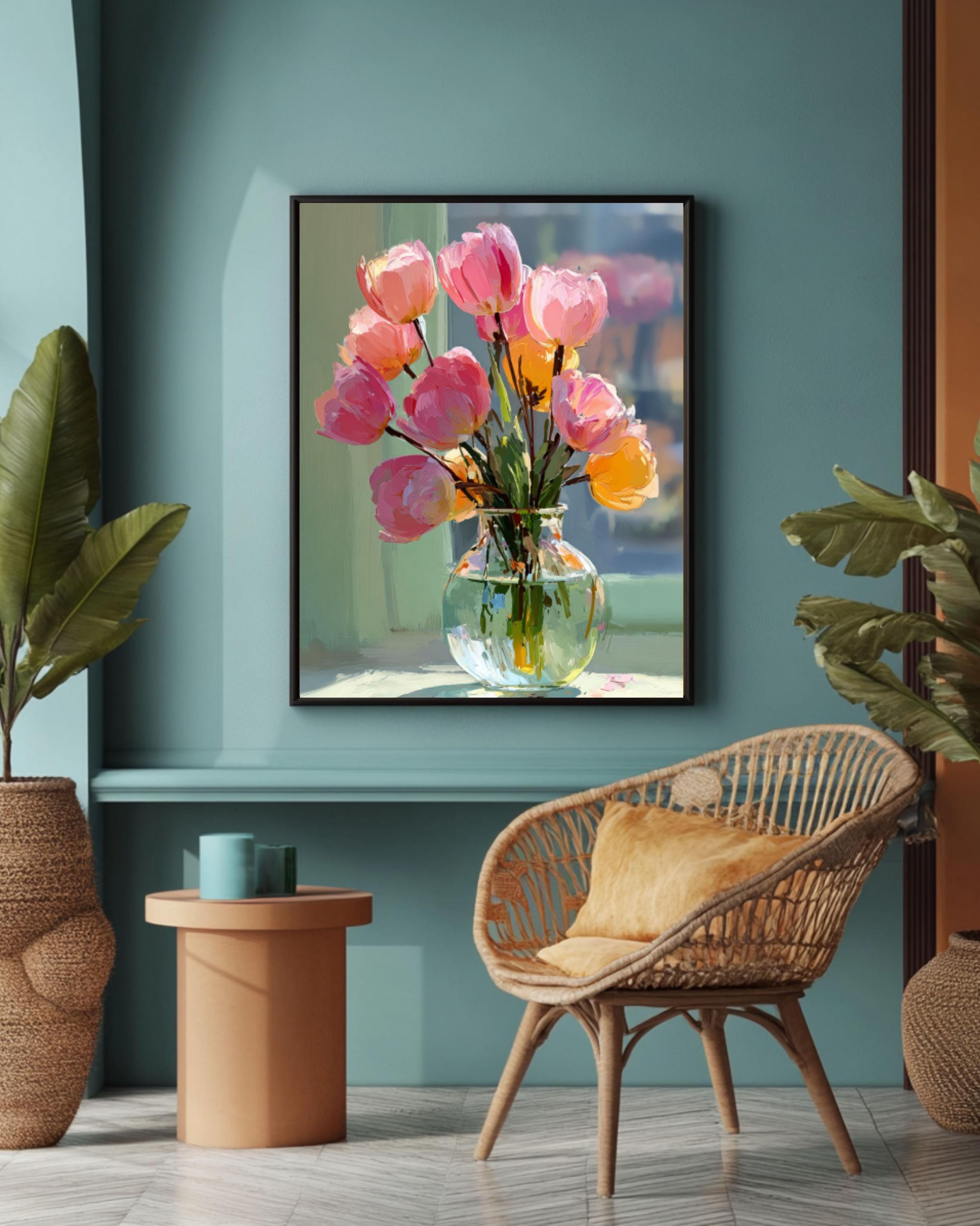Pink Tulips Still Life Canvas Art – Impressionist Floral