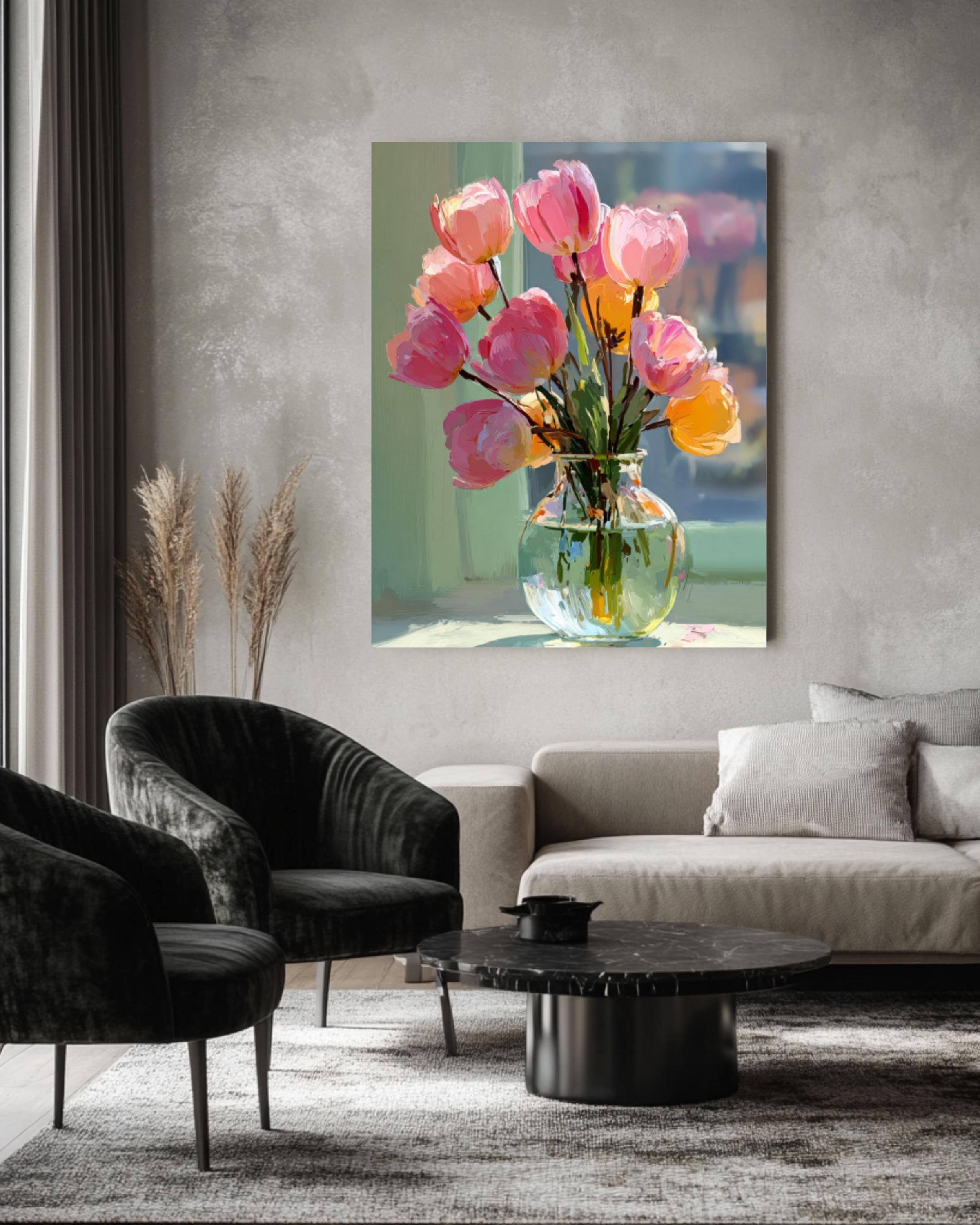 Pink Tulips Still Life Canvas Art – Impressionist Floral