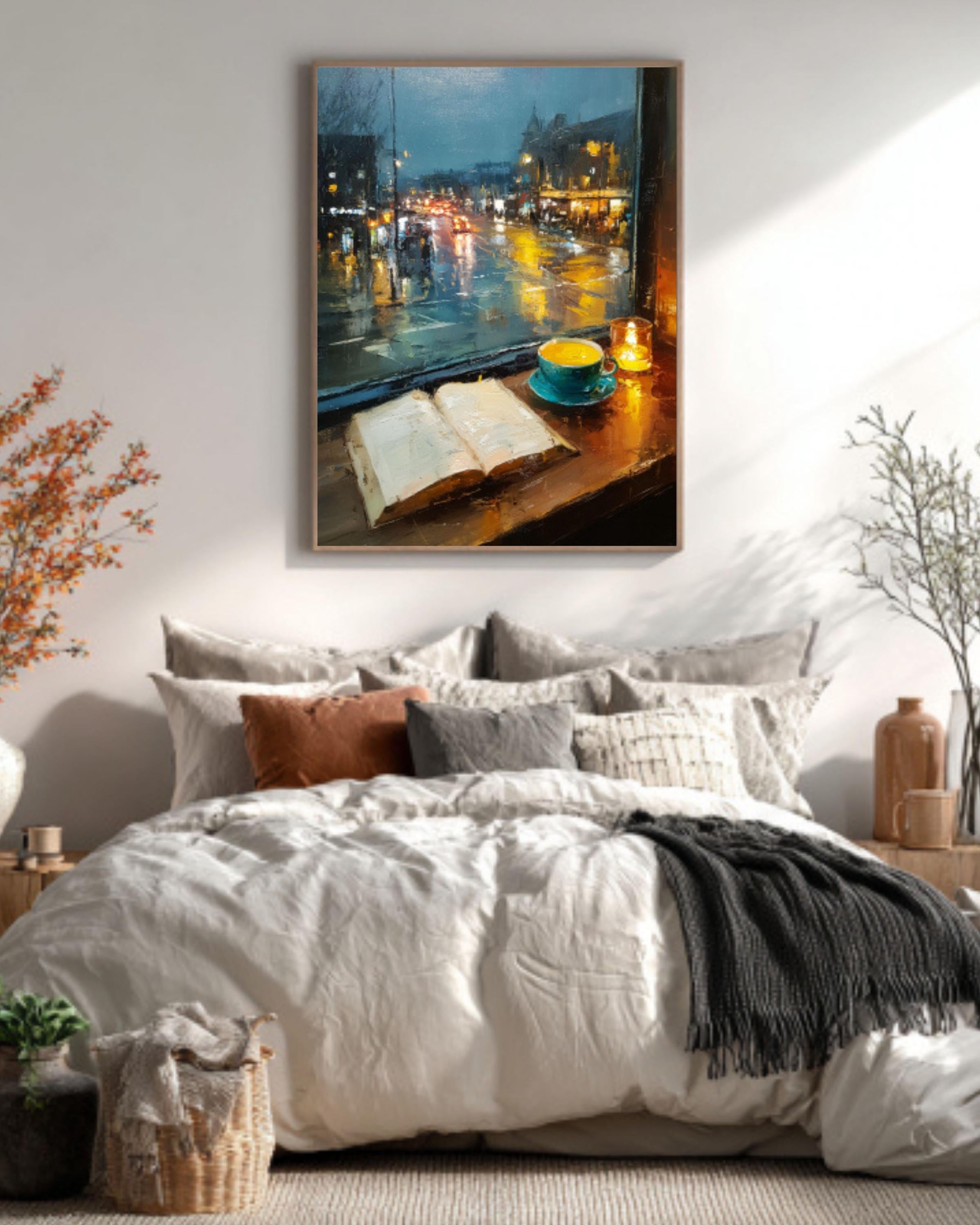 Cozy Café Window Canvas Art – Coffee & Book Painting