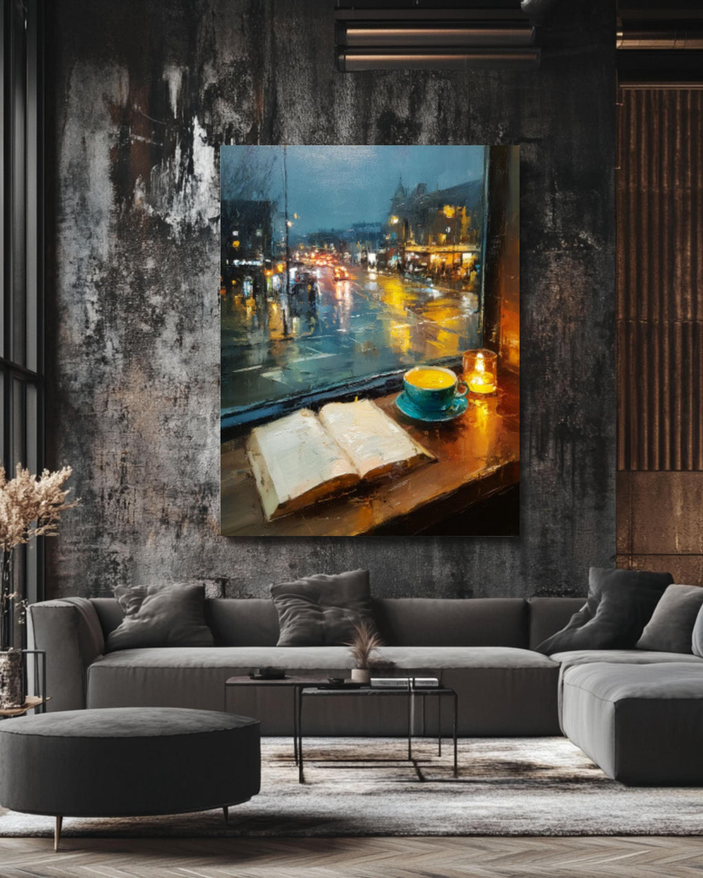 Cozy Café Window Canvas Art – Coffee & Book Painting