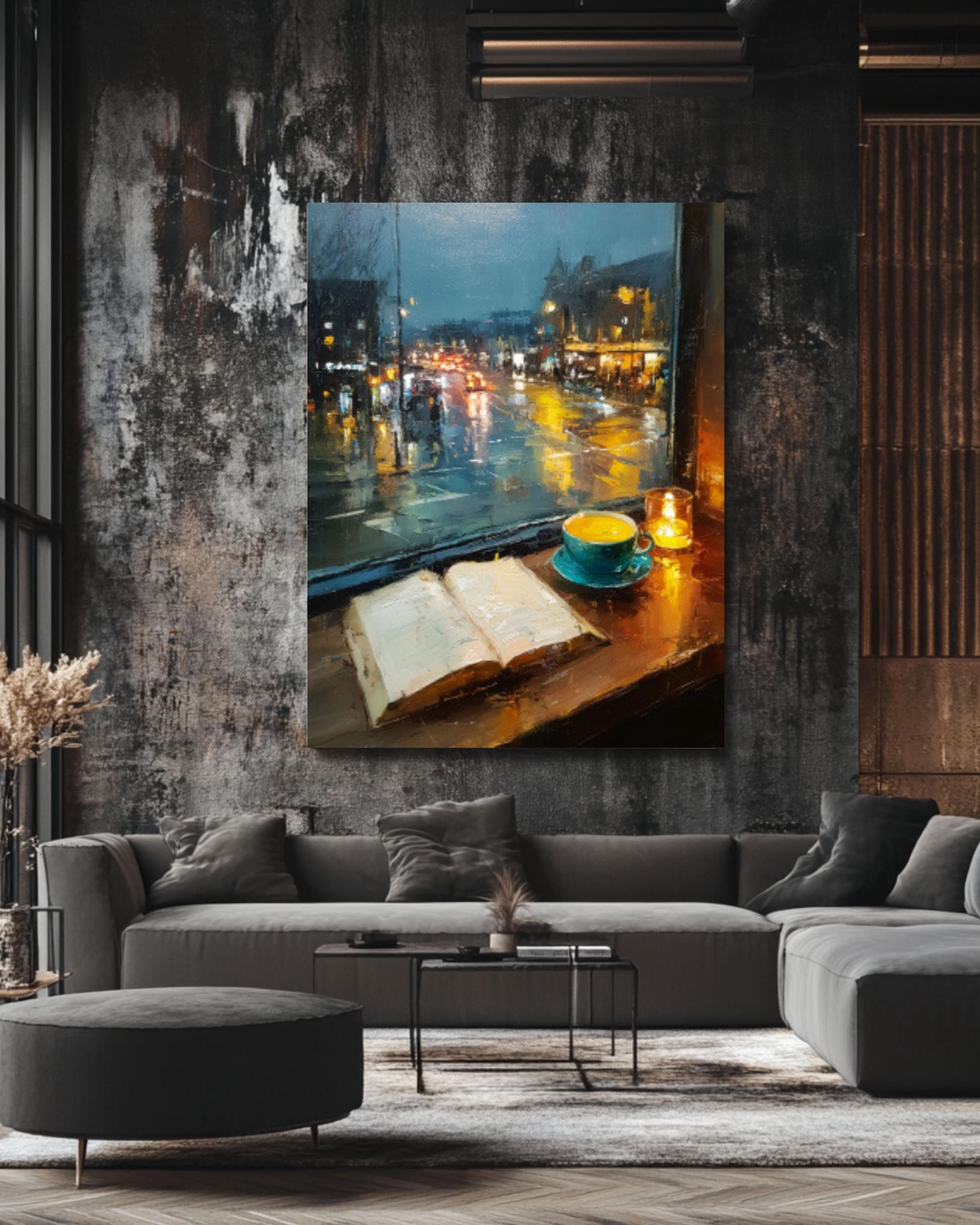 Cozy Café Window Canvas Art – Coffee & Book Painting