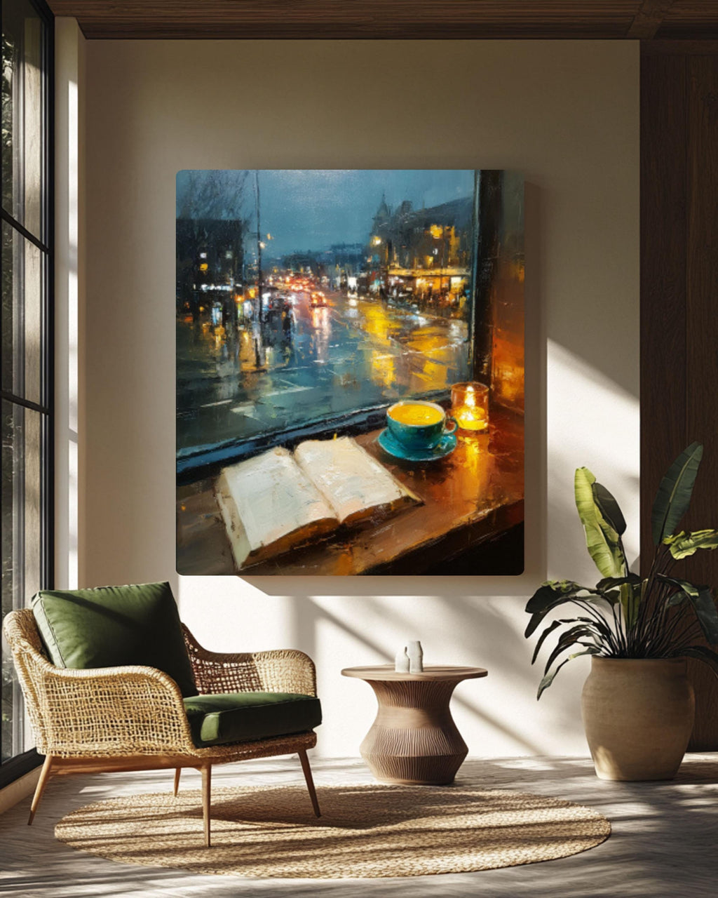 Cozy Café Window Canvas Art – Coffee & Book Painting