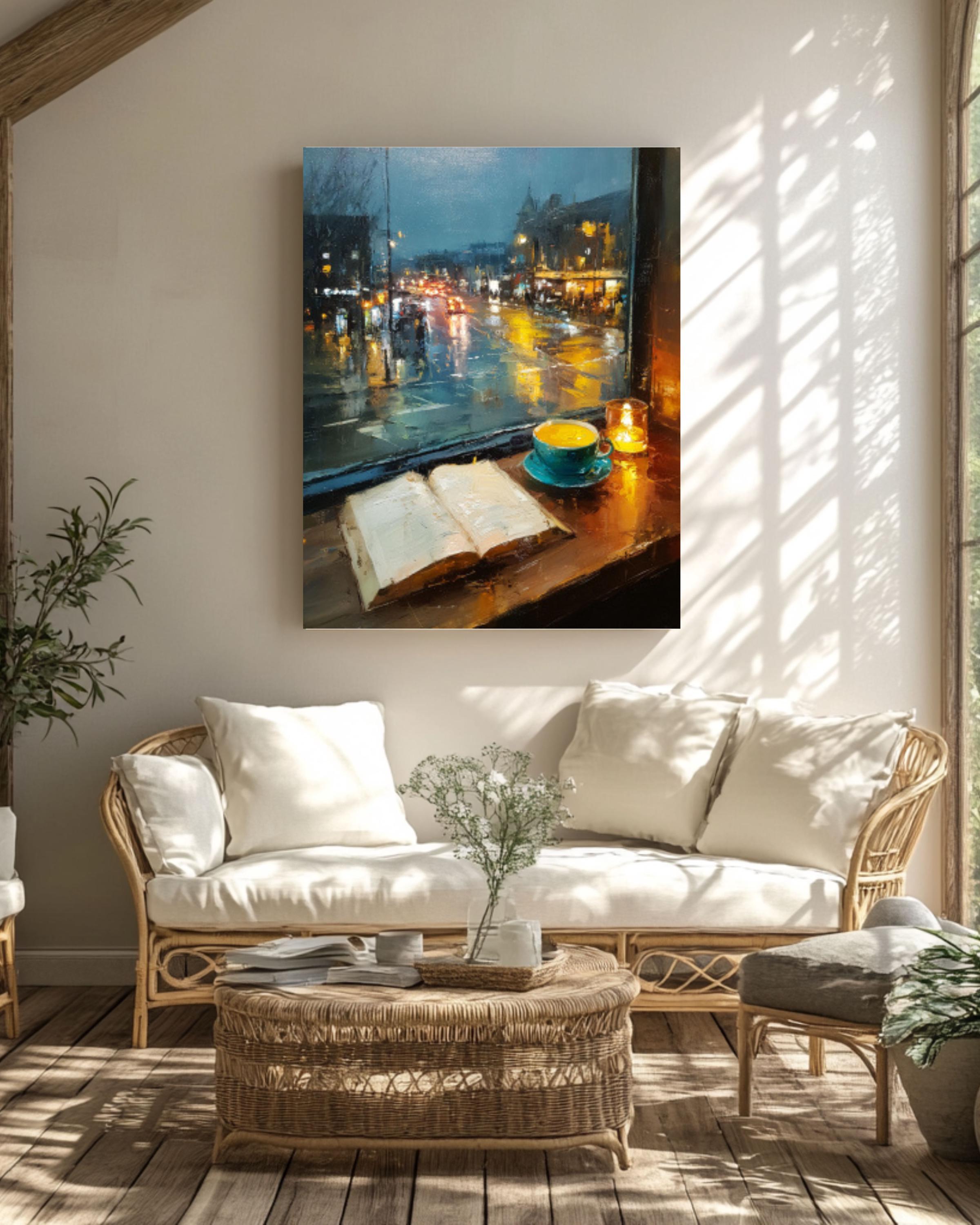 Cozy Café Window Canvas Art – Coffee & Book Painting
