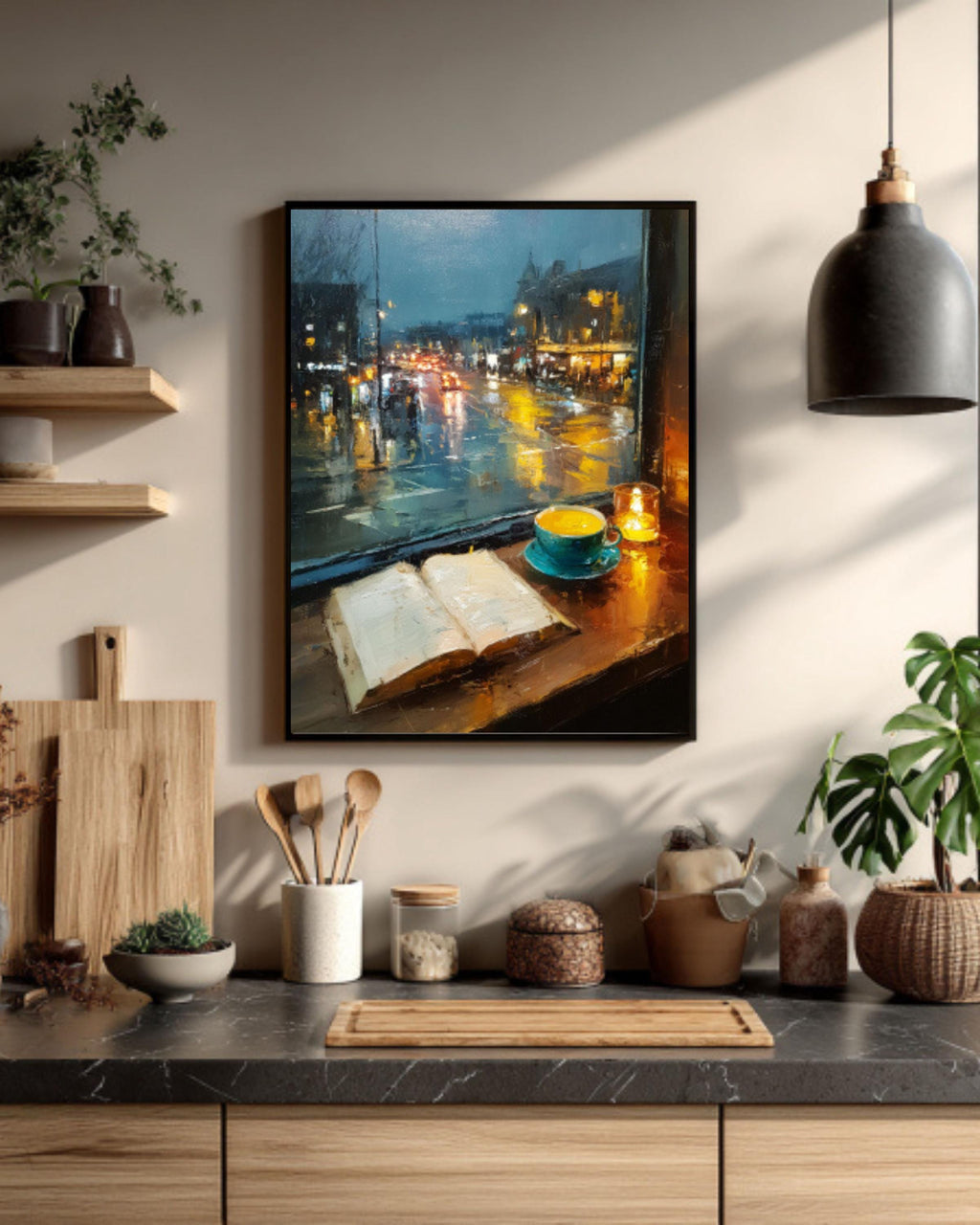 Cozy Café Window Canvas Art – Coffee & Book Painting