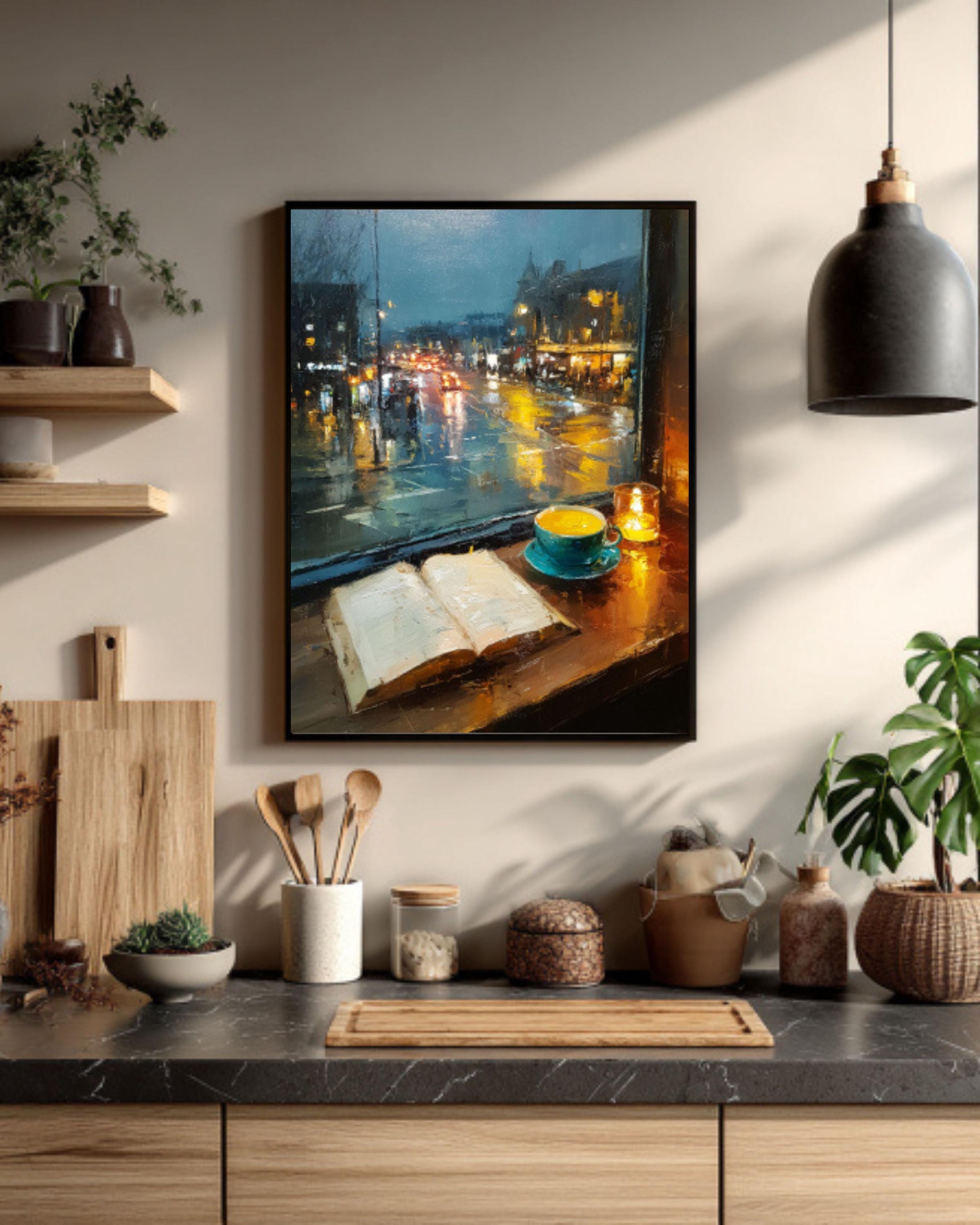 Cozy Café Window Canvas Art – Coffee & Book Painting