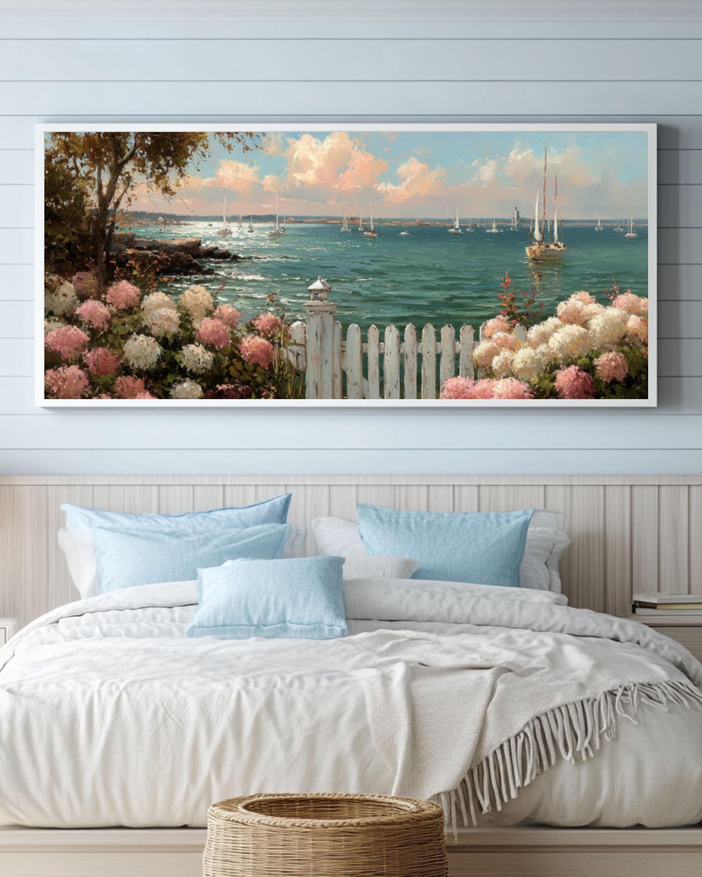Coastal Garden Canvas Art – Hydrangeas & Sailboats Scene
