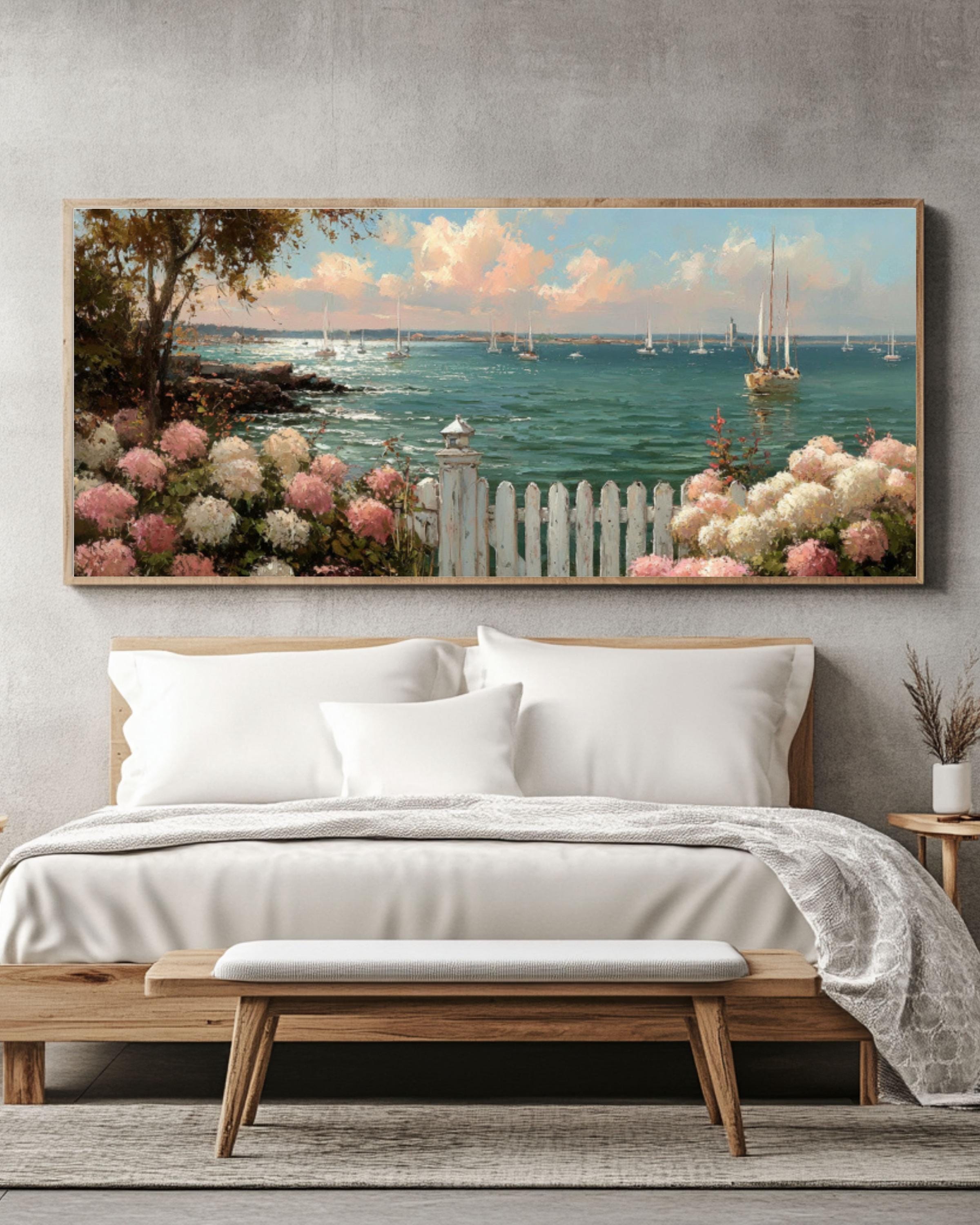 Coastal Garden Canvas Art – Hydrangeas & Sailboats Scene