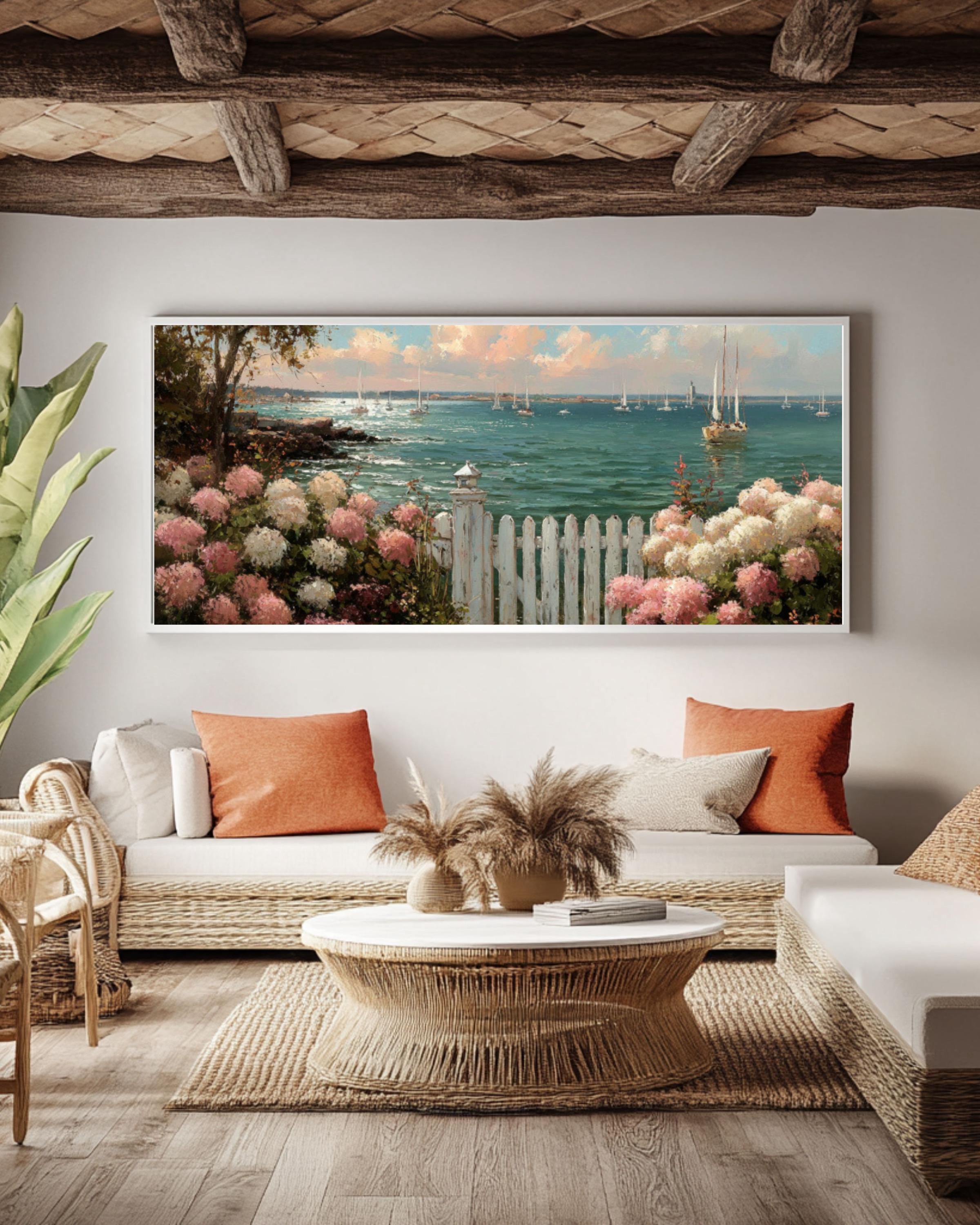 Coastal Garden Canvas Art – Hydrangeas & Sailboats Scene