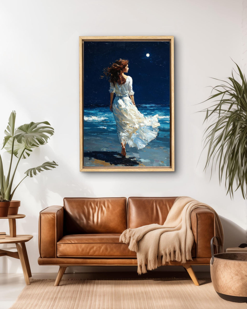 Moonlit Beach Woman Canvas Wall Art – Fantasy Realism Seascape Print
