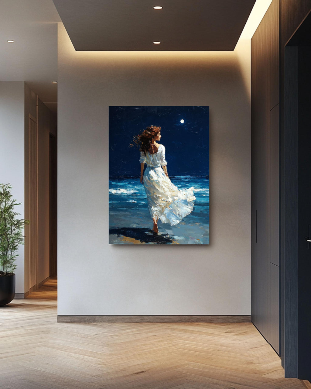 Moonlit Beach Woman Canvas Wall Art – Fantasy Realism Seascape Print
