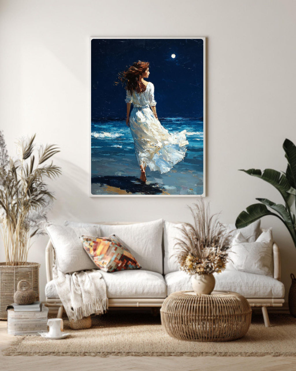Moonlit Beach Woman Canvas Wall Art – Fantasy Realism Seascape Print
