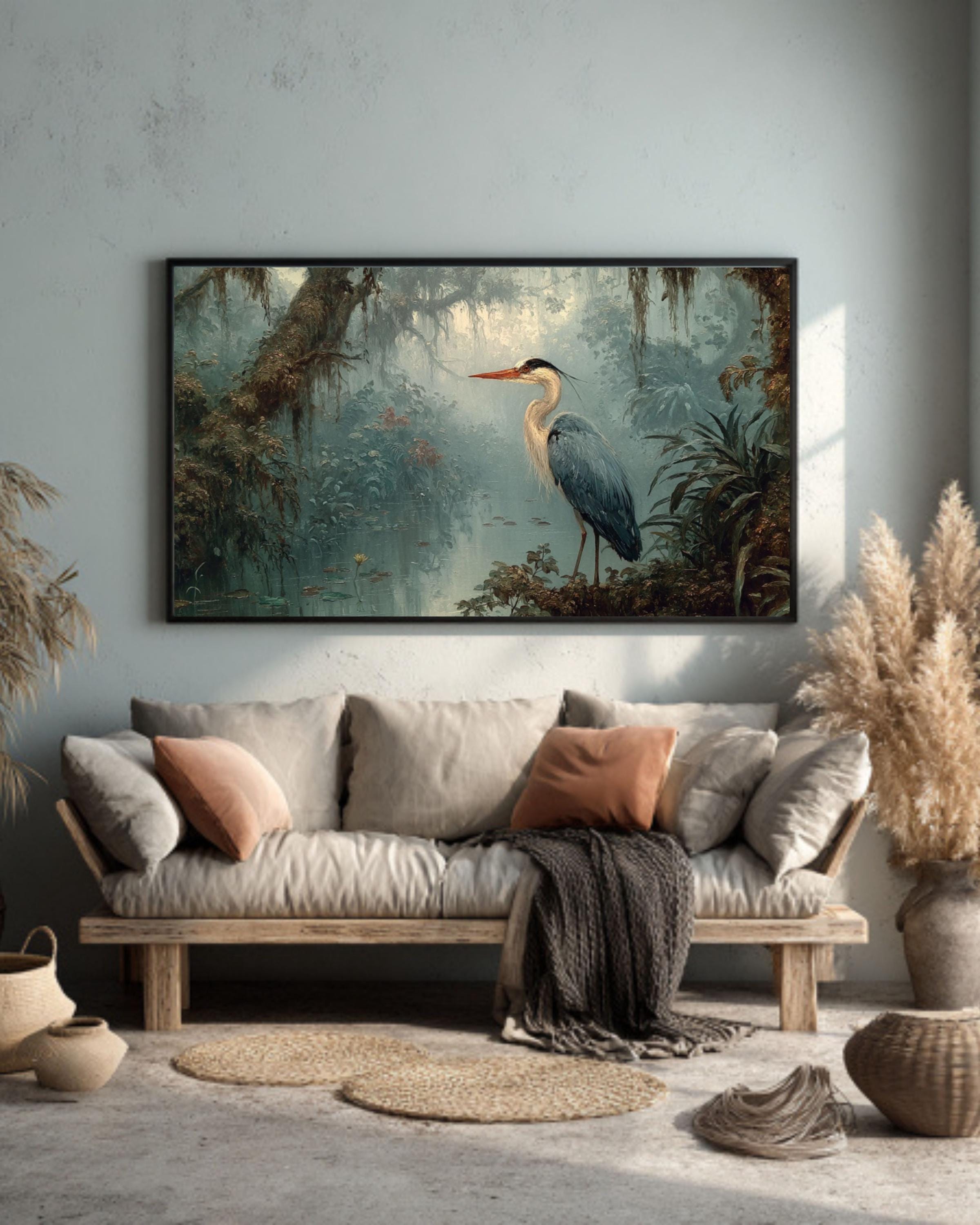 Blue Heron Rainforest Canvas Art – Vintage Wildlife Painting