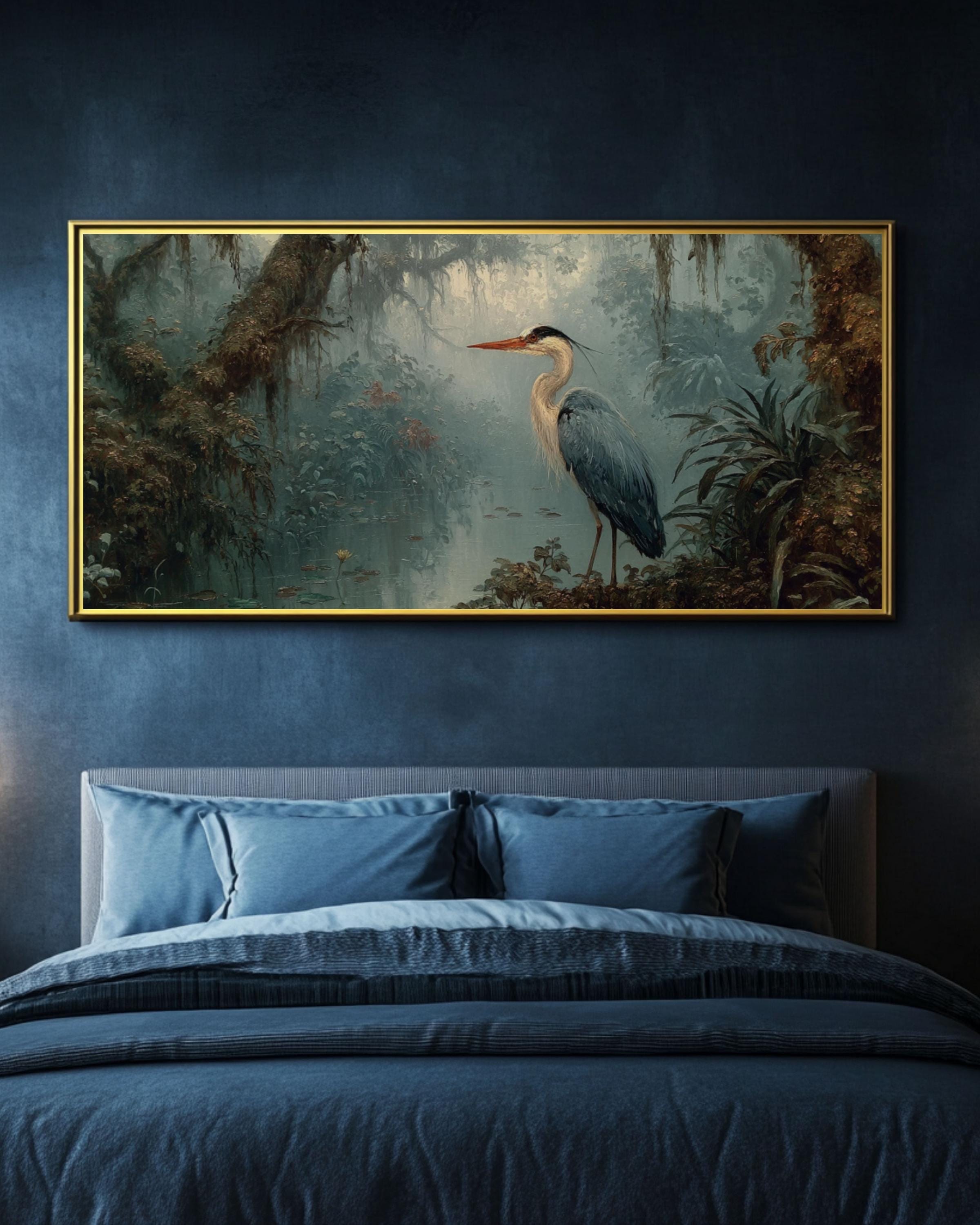 Blue Heron Rainforest Canvas Art – Vintage Wildlife Painting