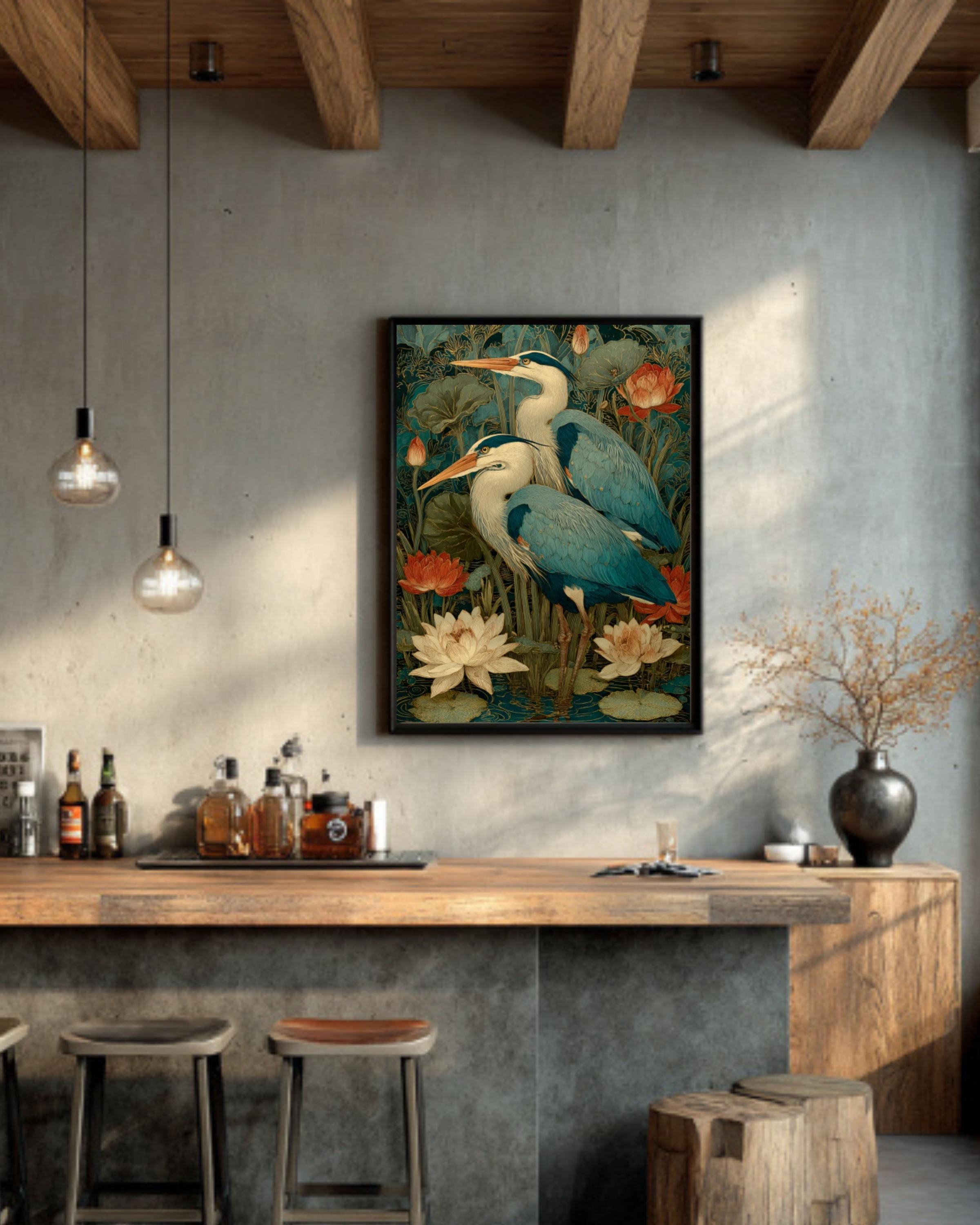 Art Nouveau Heron Canvas Art – Blue & Gold Lotus Pond