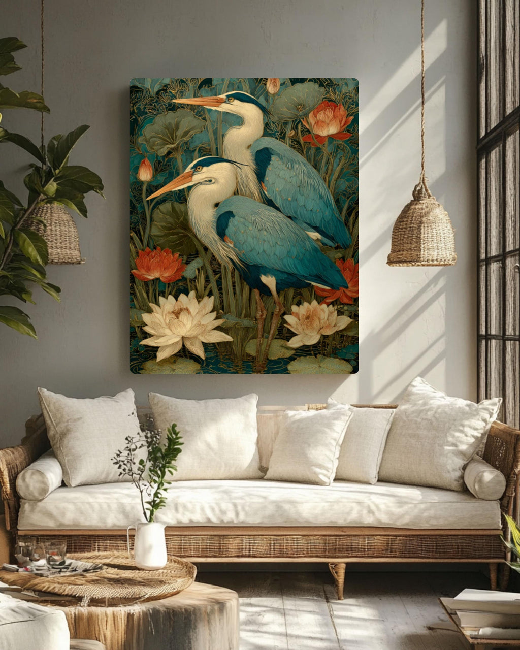 Art Nouveau Heron Canvas Art – Blue & Gold Lotus Pond