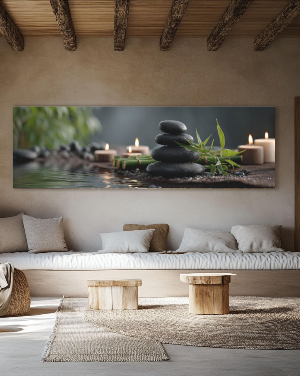 Zen Spa Stones Canvas Wall Art – Bamboo & Candle Reflection Print