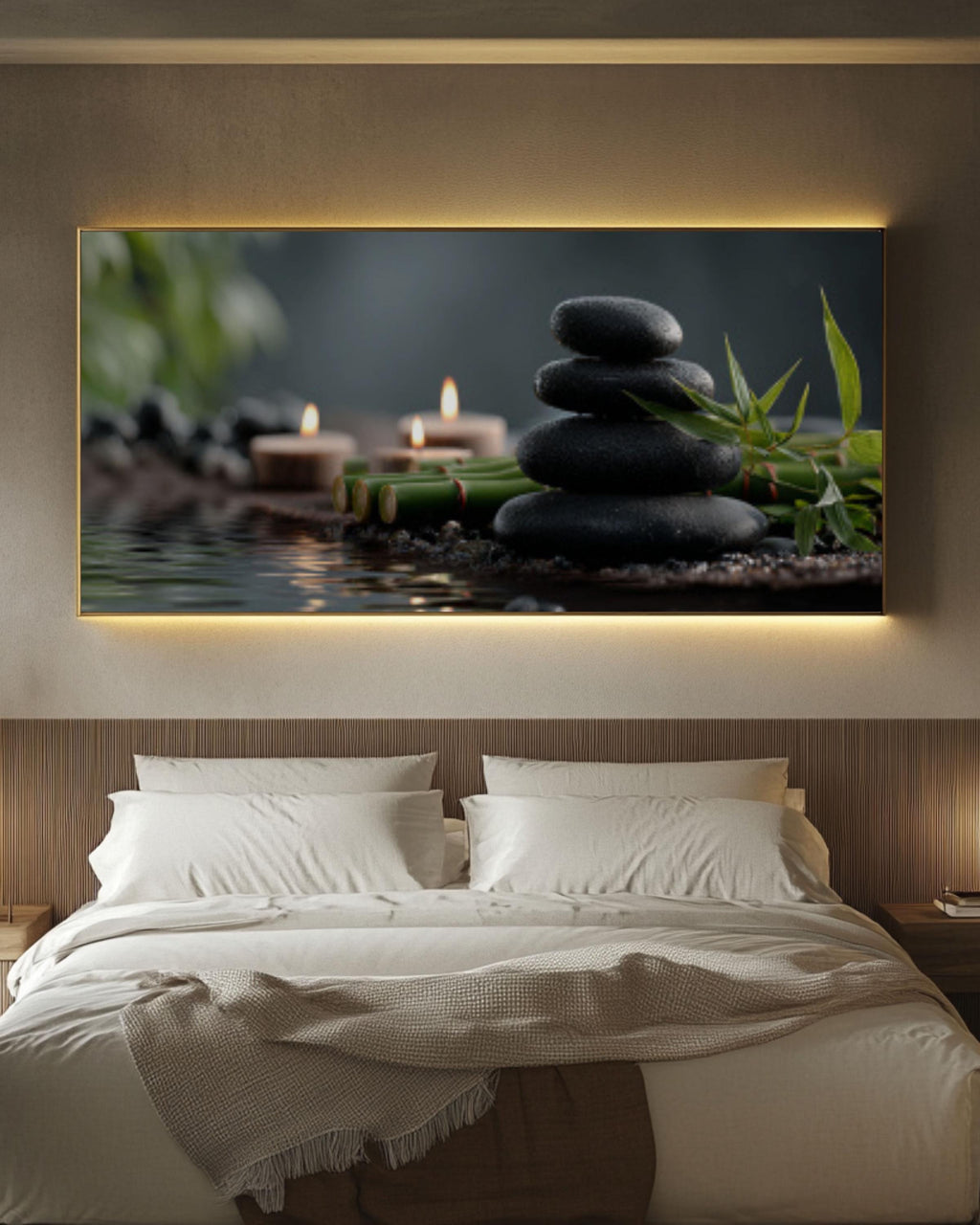 Zen Spa Stones Canvas Wall Art – Bamboo & Candle Reflection Print