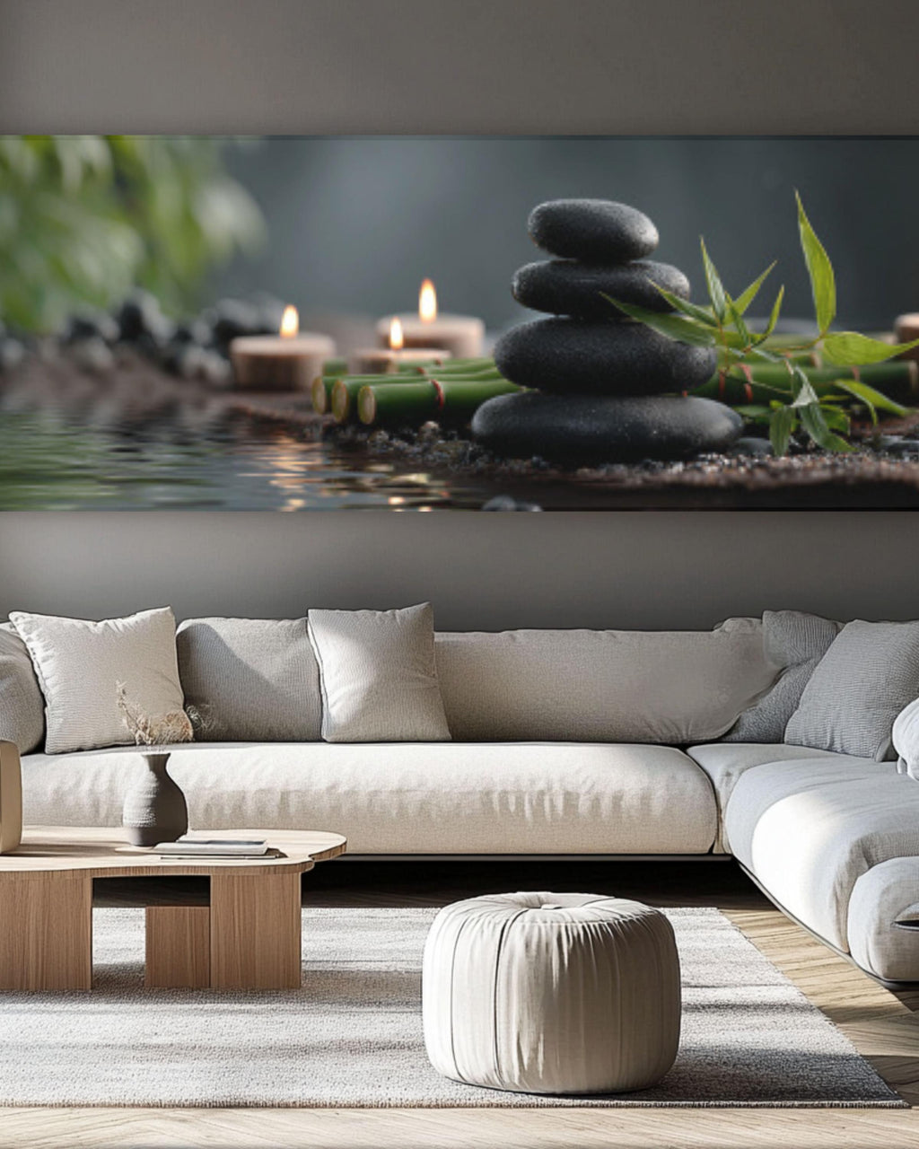 Zen Spa Stones Canvas Wall Art – Bamboo & Candle Reflection Print