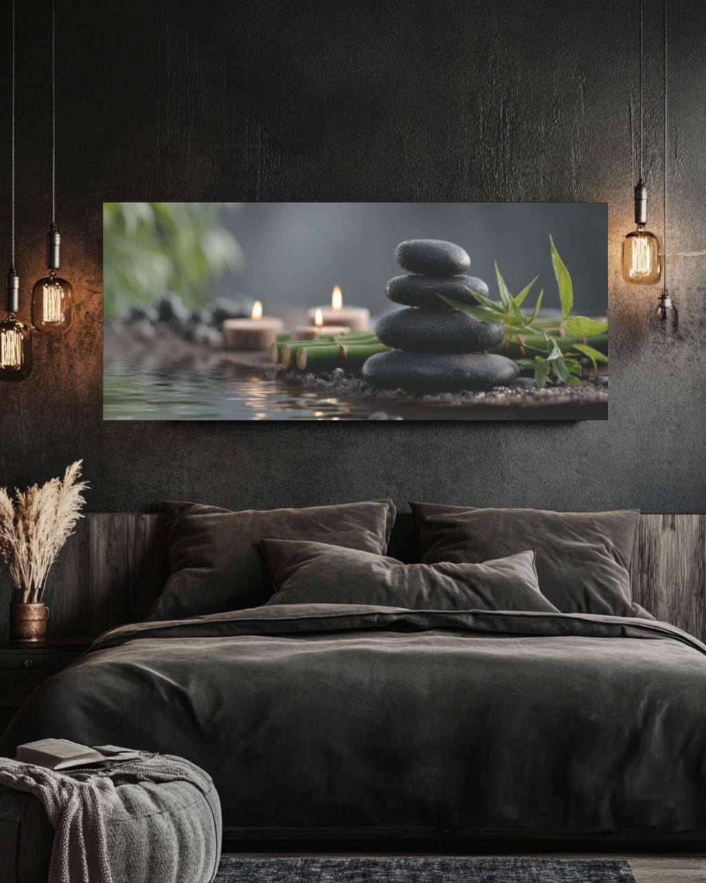 Zen Spa Stones Canvas Wall Art – Bamboo & Candle Reflection Print