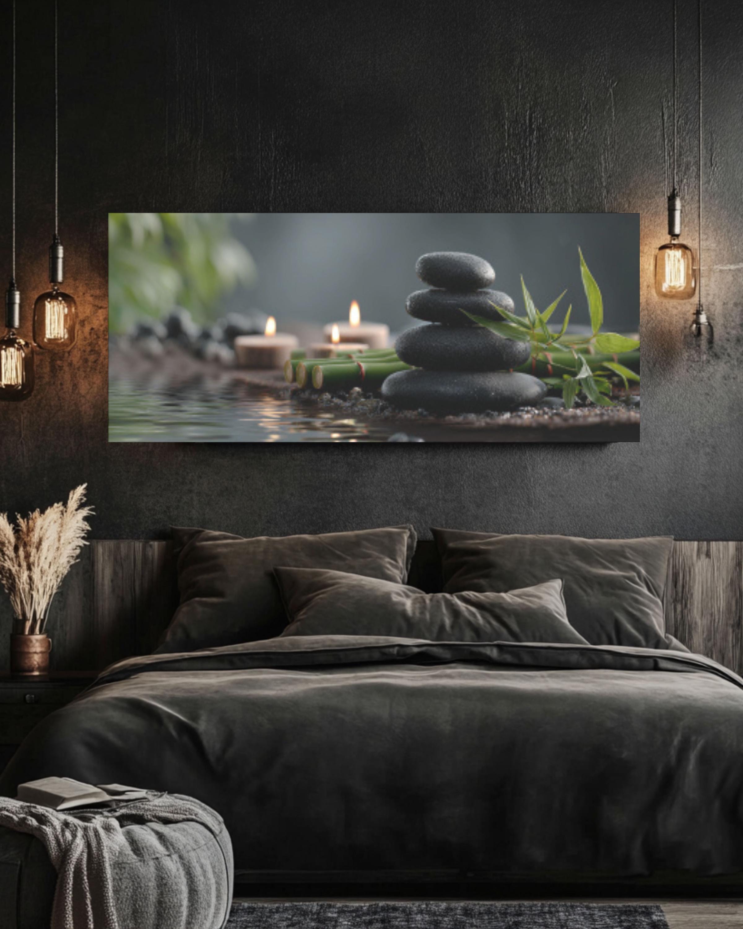Zen Spa Stones Canvas Wall Art – Bamboo & Candle Reflection Print