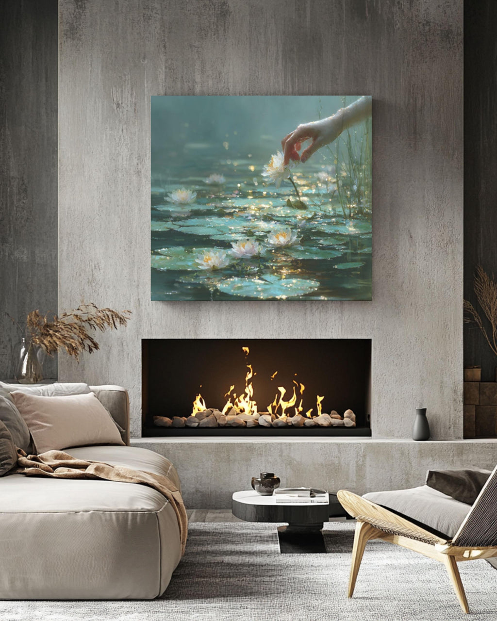 Surreal Hand & Lily Pads Canvas Art – Dreamy Foggy Water Scene