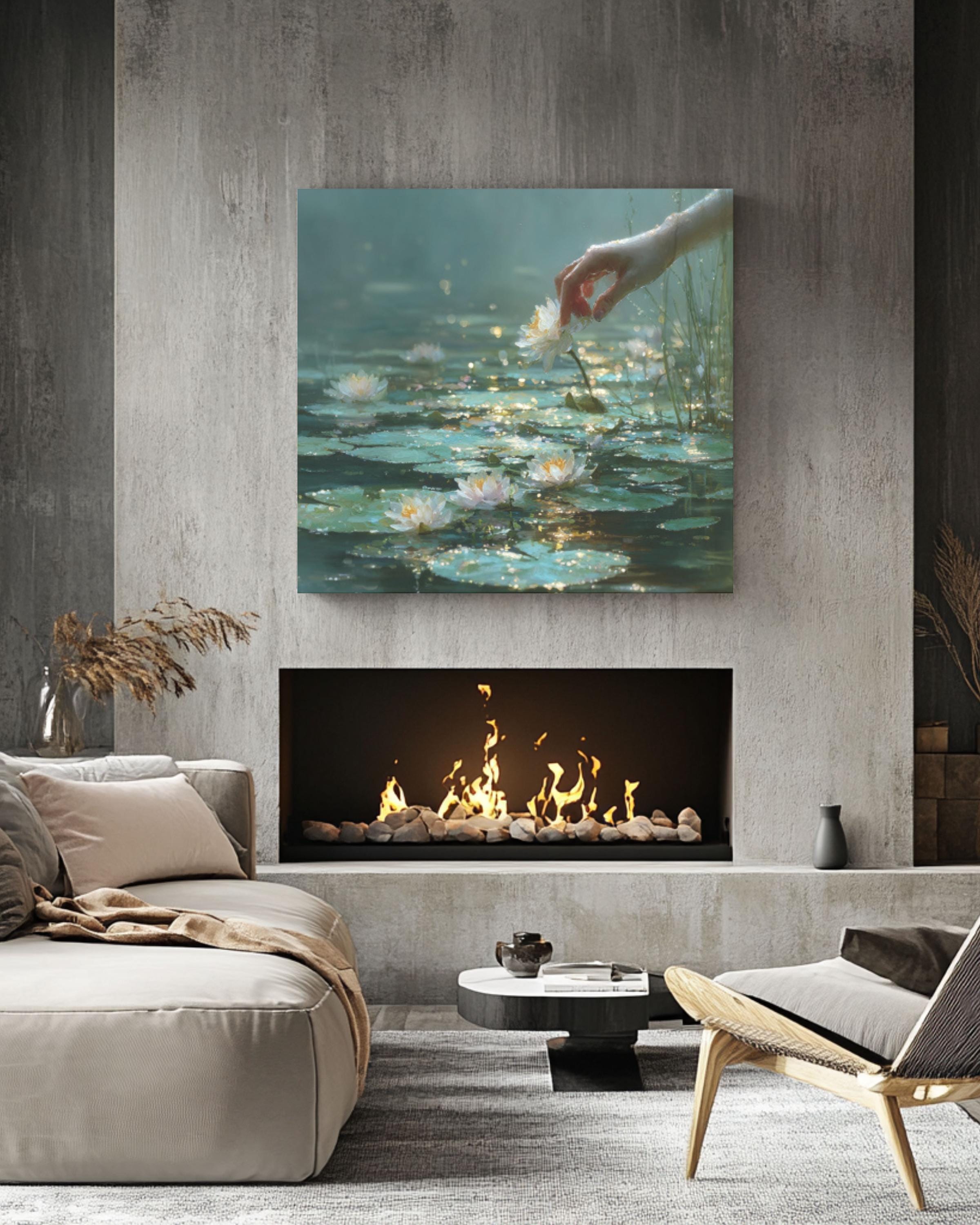 Surreal Hand & Lily Pads Canvas Art – Dreamy Foggy Water Scene