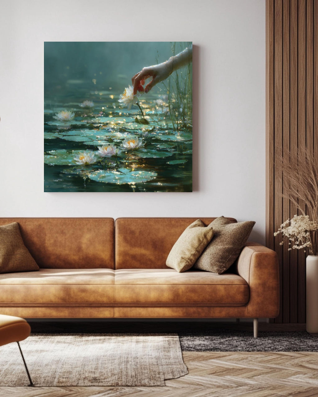 Surreal Hand & Lily Pads Canvas Art – Dreamy Foggy Water Scene