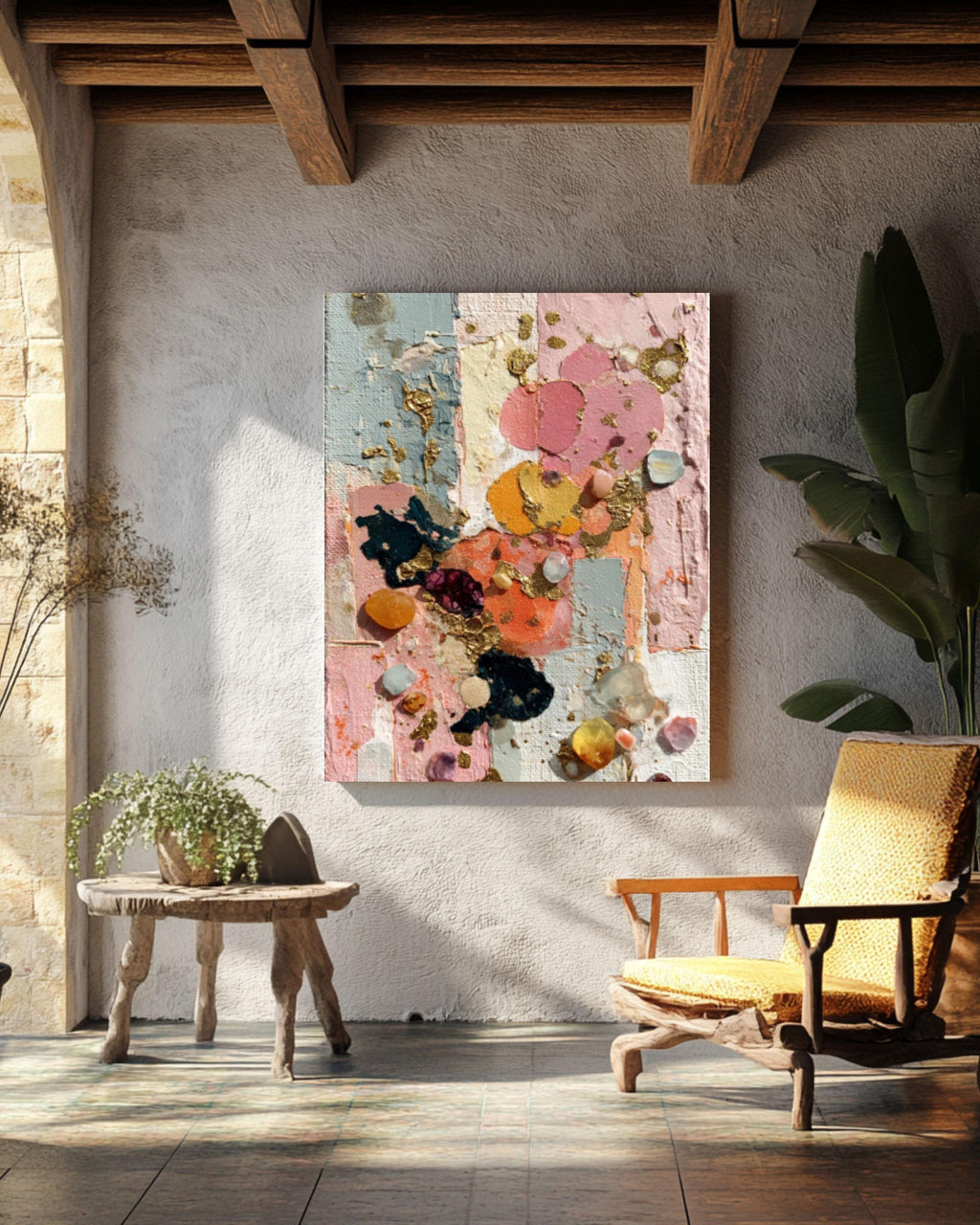 Abstract Gold Leaf Collage Canvas Art – Gemstone Texture